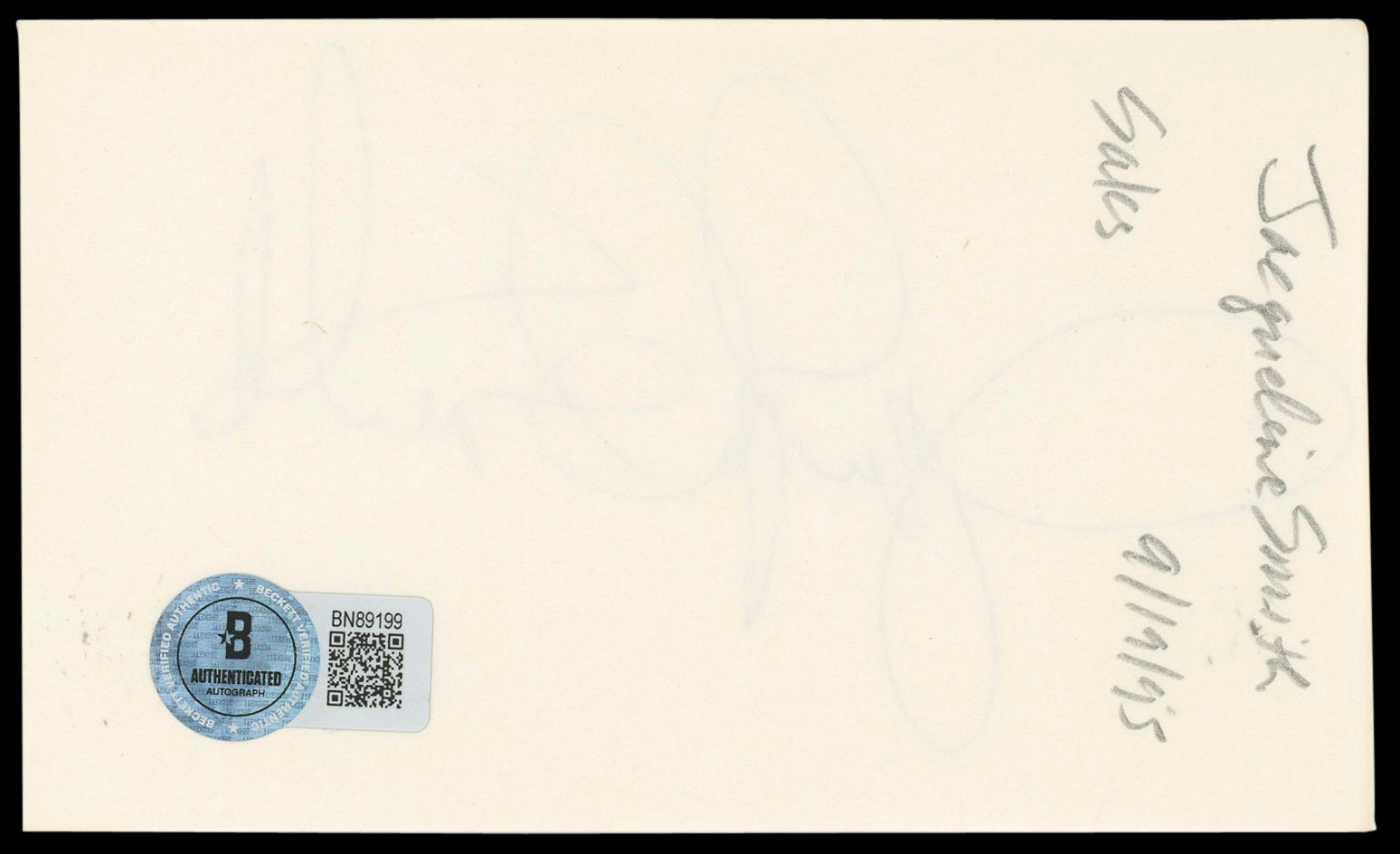 Jaclyn Smith Charlie's Angels Authentic Signed 3x5 Index Card BAS #BN89199