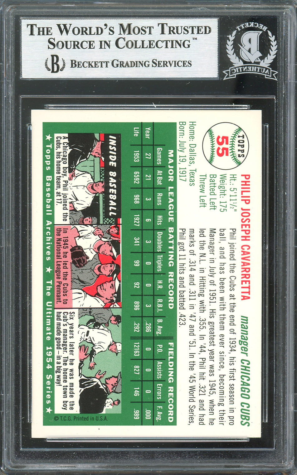 Cubs Phil Cavarretta Signed 1994 Topps Archives 1954 #55 Card BAS Slabbed