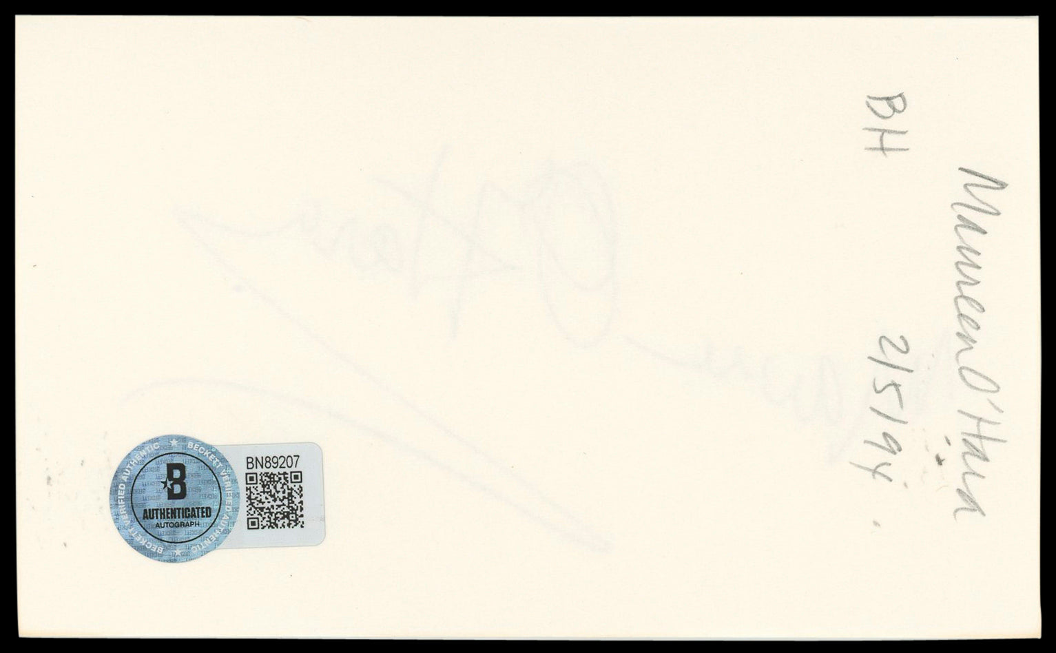 Maureen O'Hara The Quiet Man Authentic Signed 3x5 Index Card BAS #BN89207