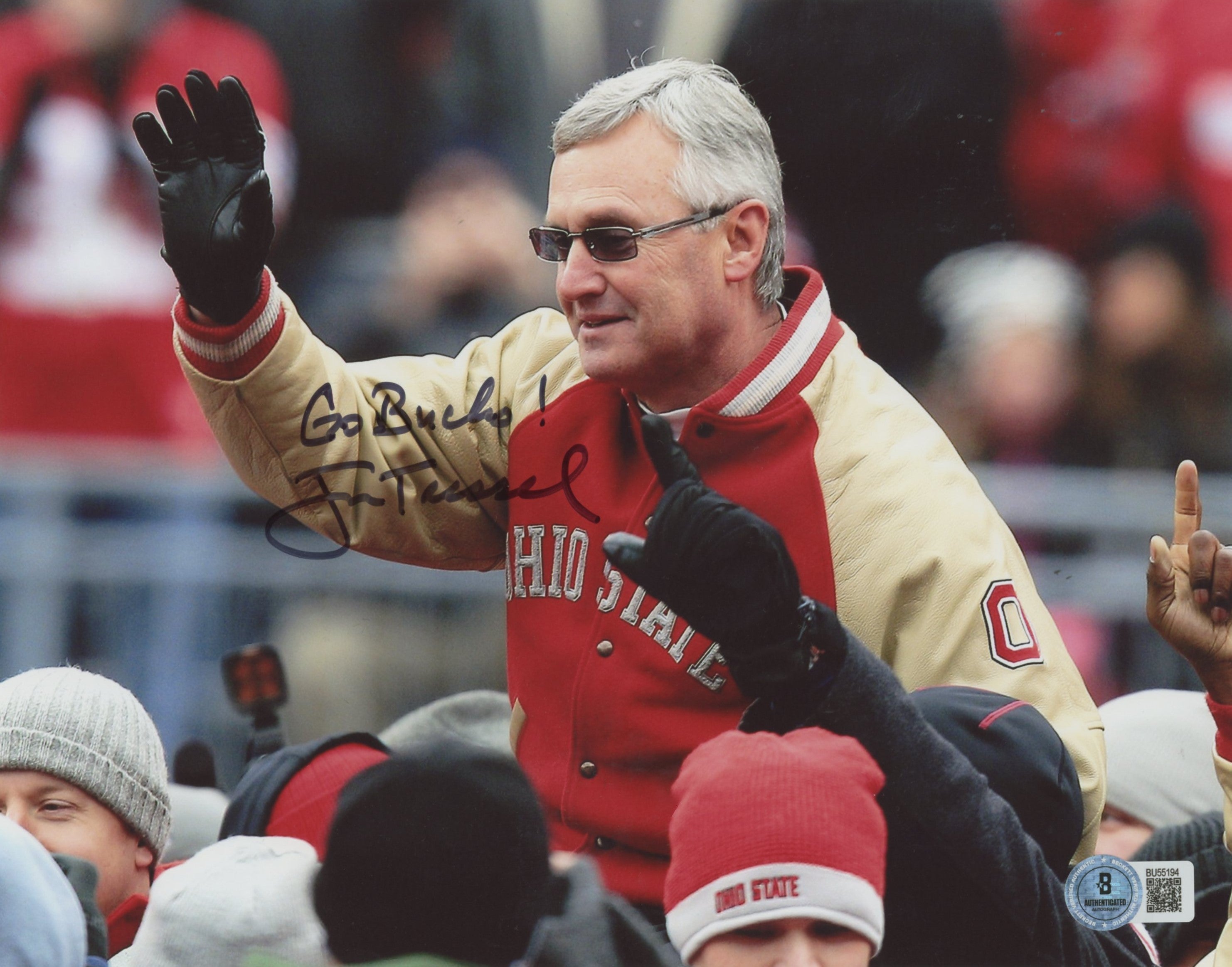 Ohio State Jim Tressel "Go Bucks!" Authentic Signed 8x10 Horizontal Photo BAS 4