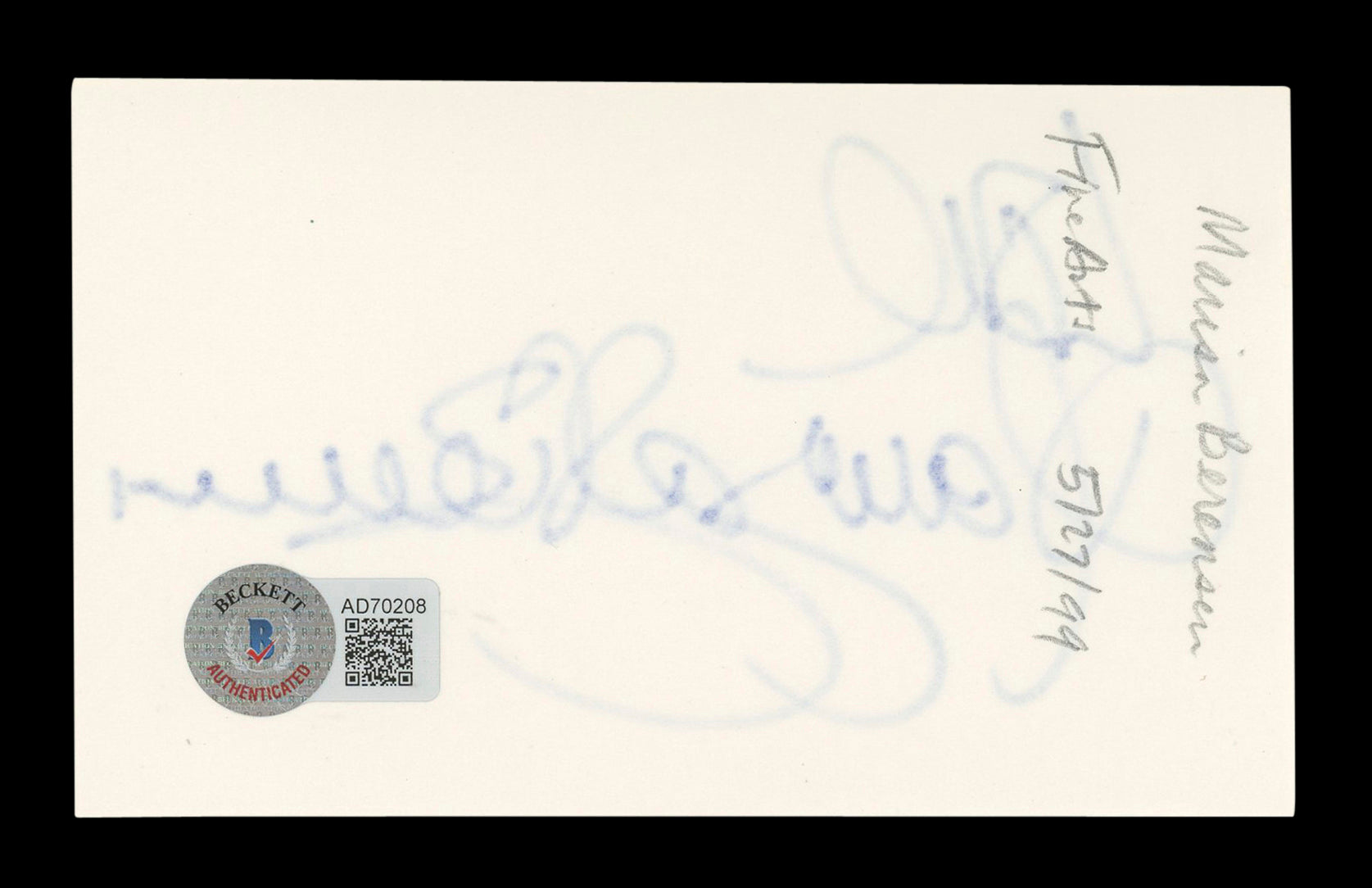 Marisa Berenson Cabaret "Love"  Signed 3x5 Index Card Autographed BAS #AD70208