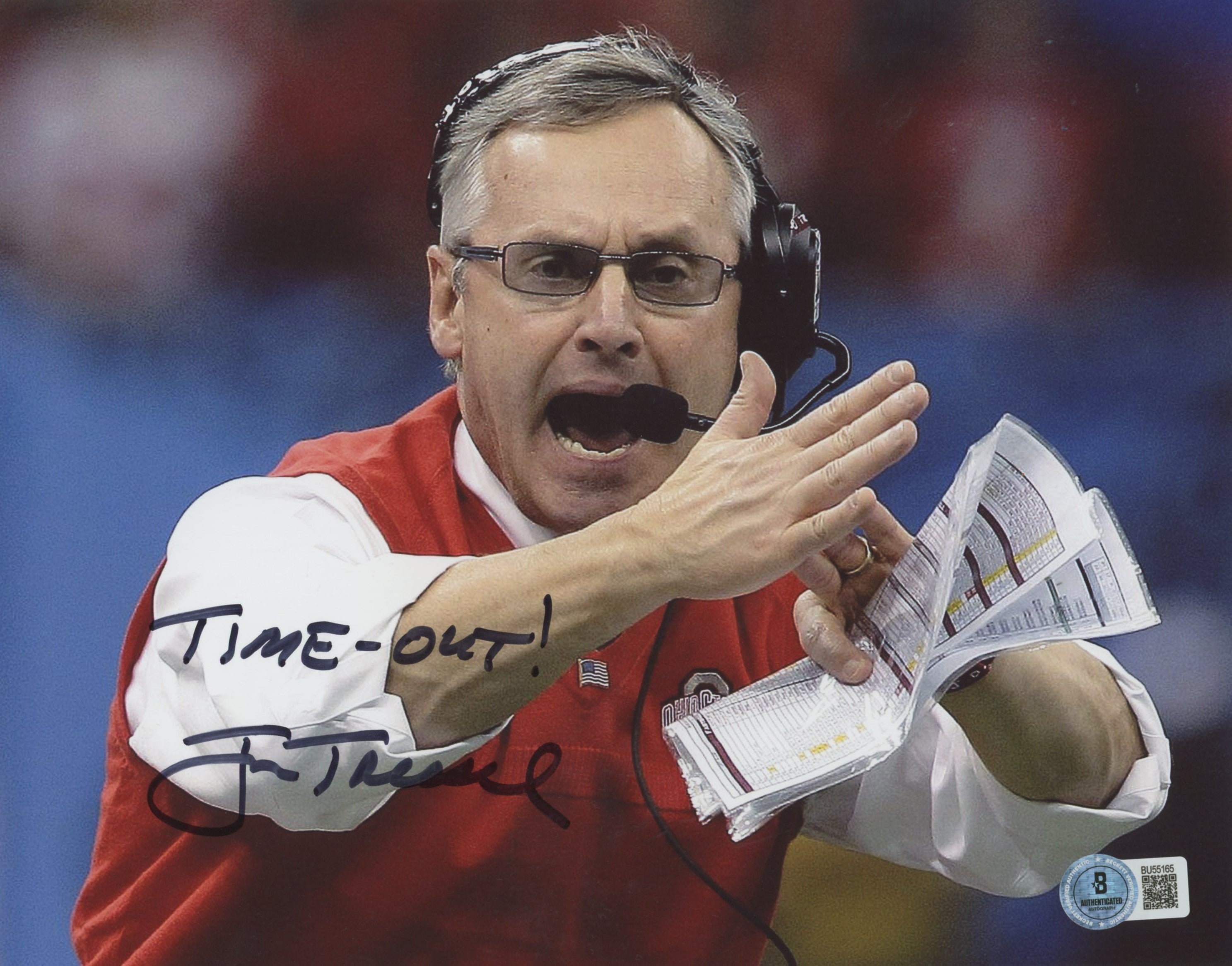 Ohio State Jim Tressel "Time-Out!" Authentic Signed 8x10 Horizontal Photo BAS 6