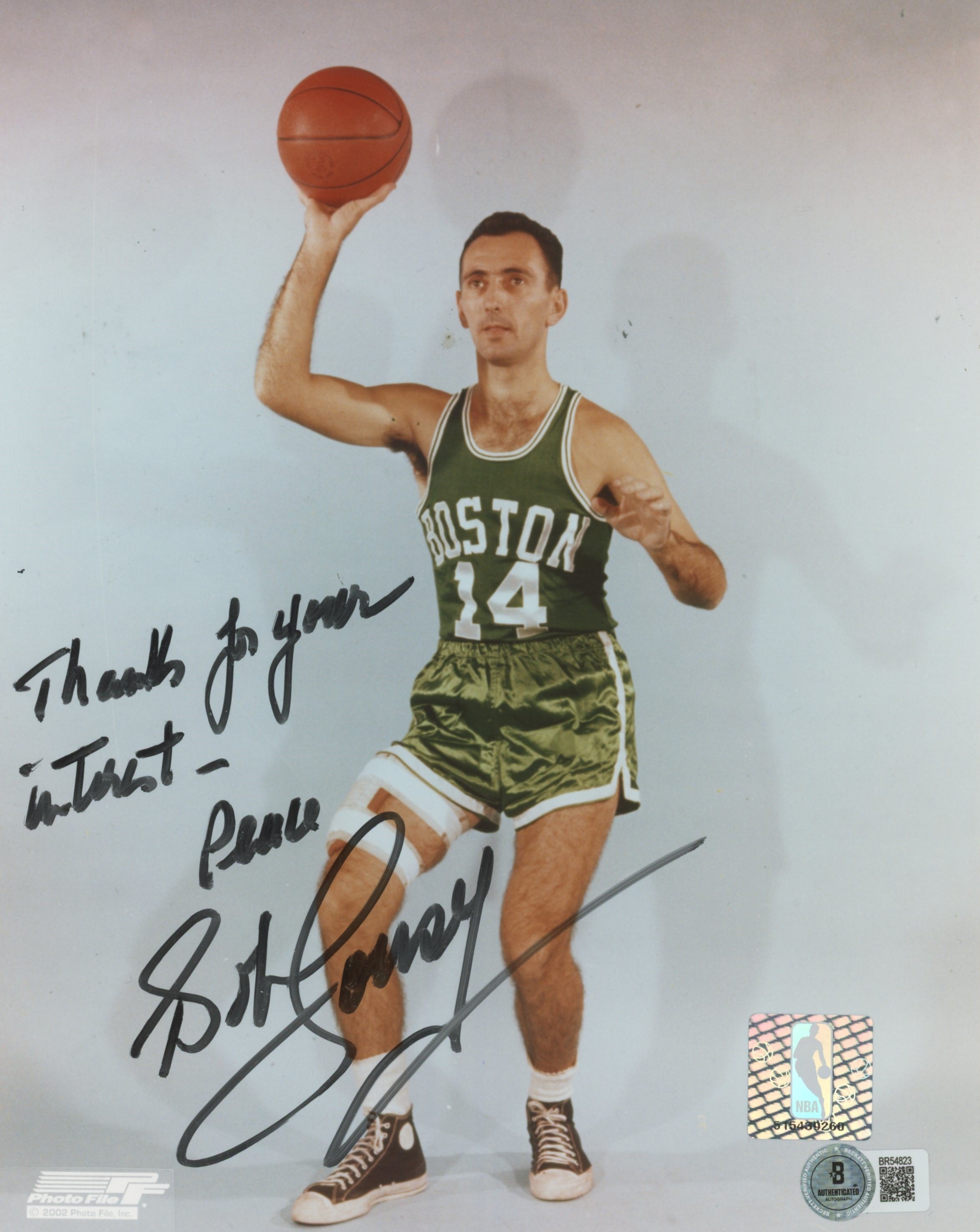 Celtics Bob Cousy Thanks for your interest, Peace Signed 8x10 Photo BAS #BR54823