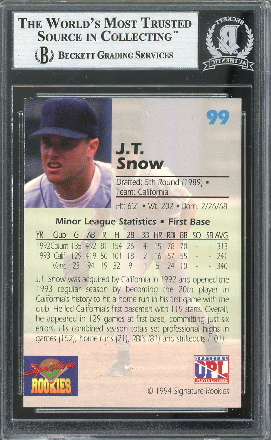 Cubs J.T. Snow Signed 1994 Signature Rookies Draft Picks #99 Card BAS Slabbed