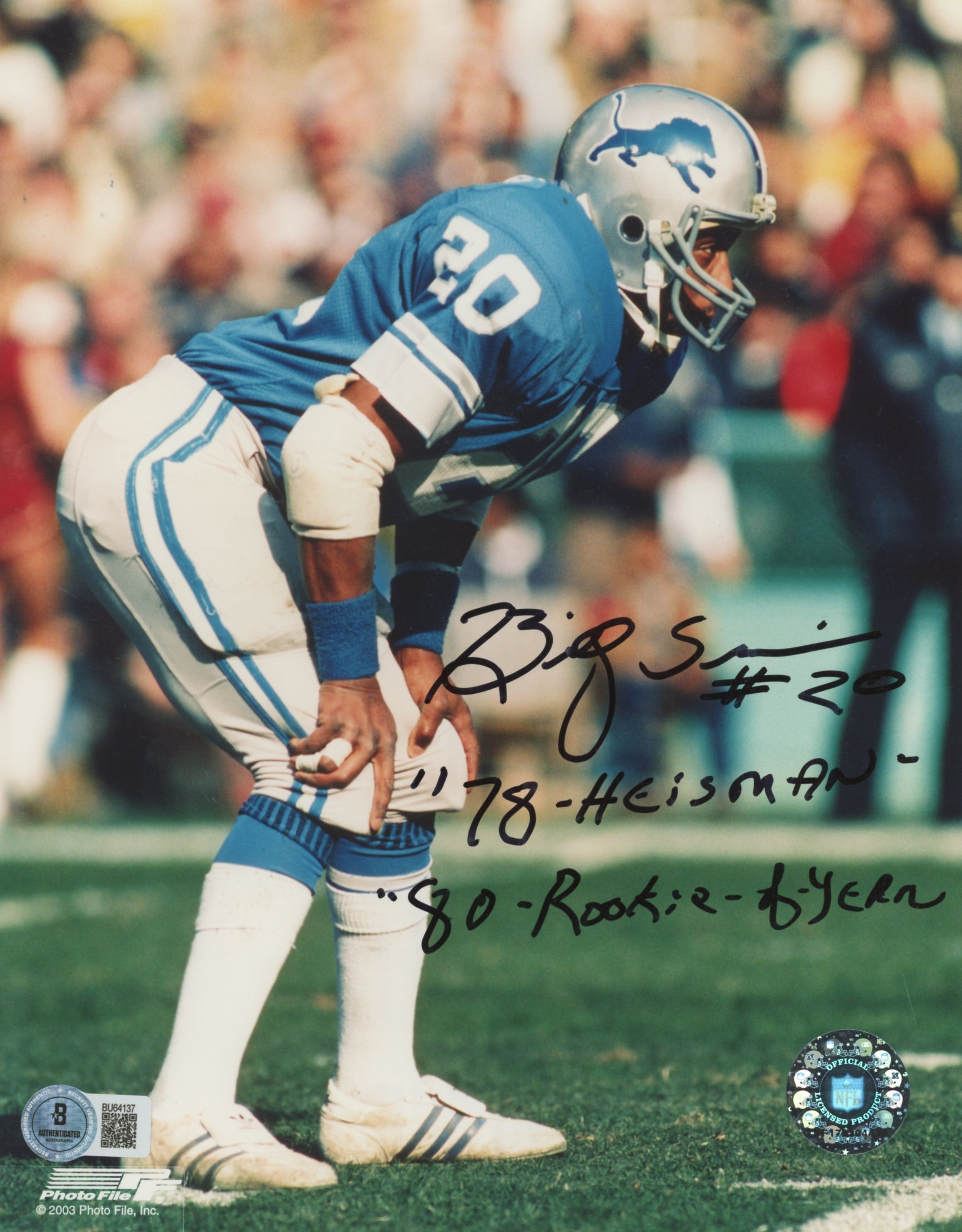 Lions Billy Sims "78 Heisman 80 Rookie of Year" Signed 8x10 Photo BAS #BU64137