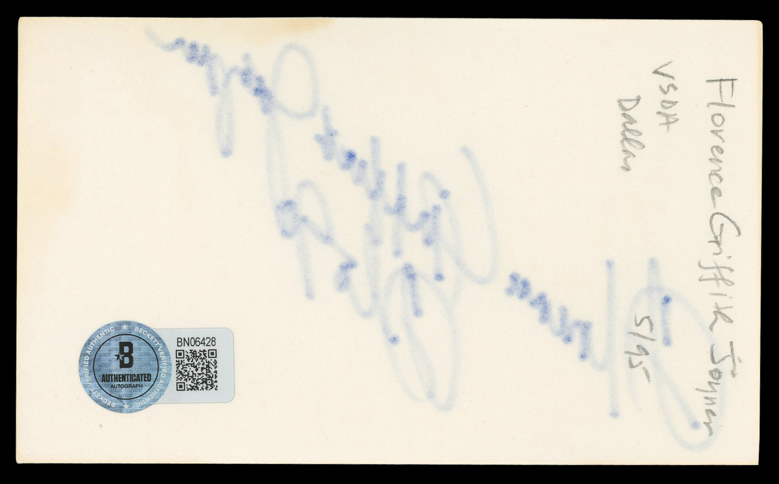Florence Griffith Joyner Olympics Authentic Signed 3x5 Index Card BAS #BN06428