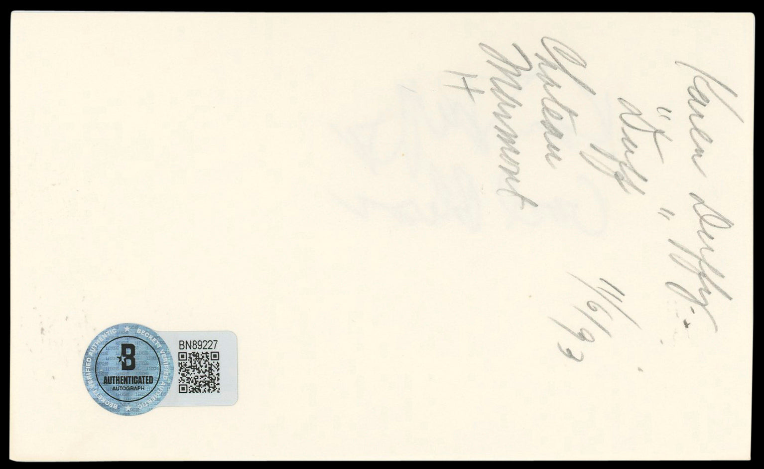 Karen Duffy Dumb and Dumber "God Bless" Signed 3x5 Index Card BAS #BN89227