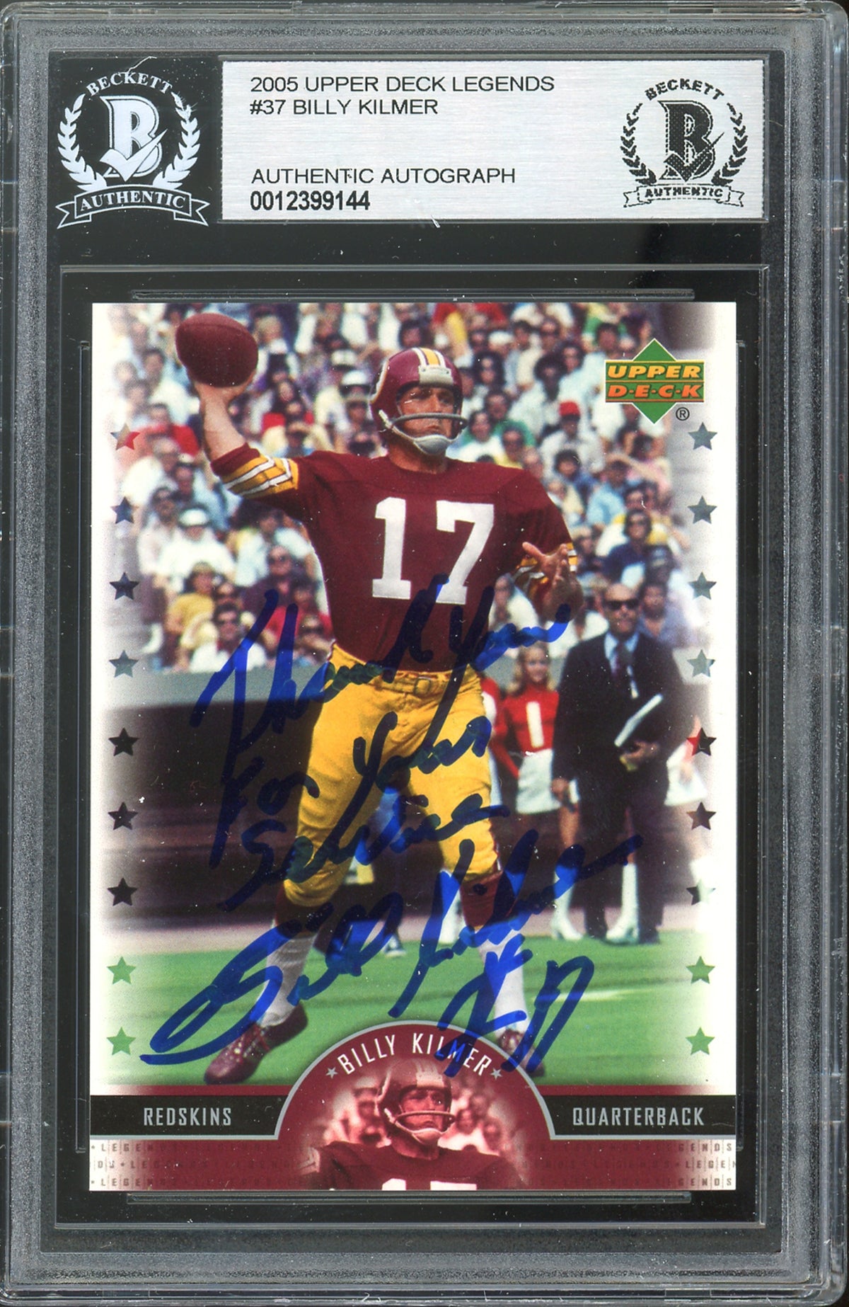 Redskins Billy Kilmer Signed 2005 Upper Deck Legends #37 Card BAS Slabbed