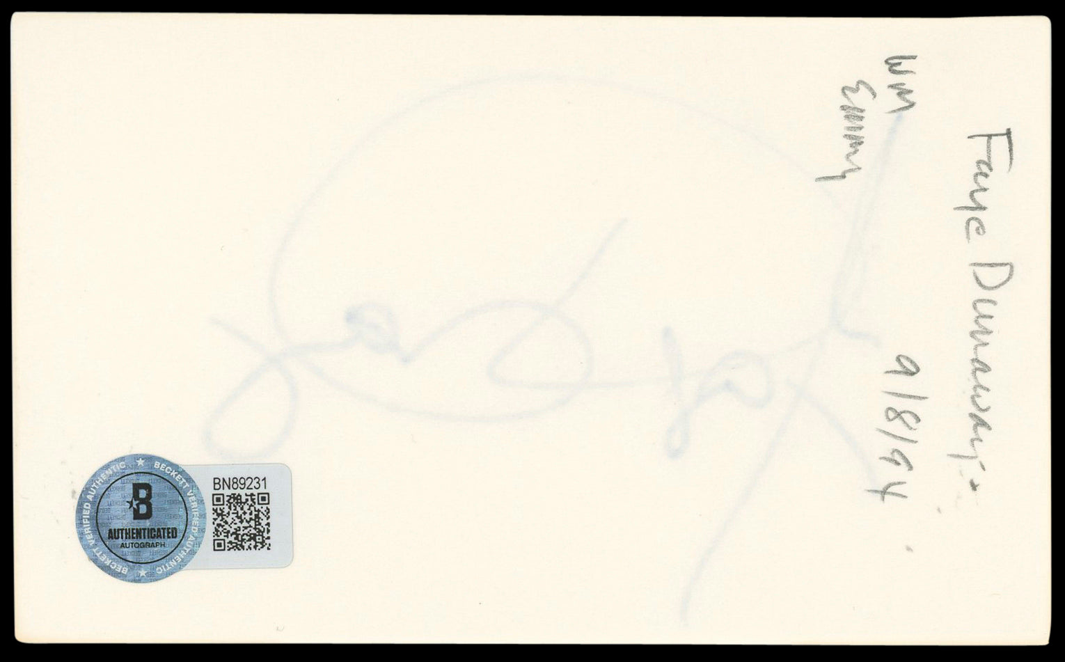 Faye Dunaway Bonnie and Clyde Authentic Signed 3x5 Index Card BAS #BN89231