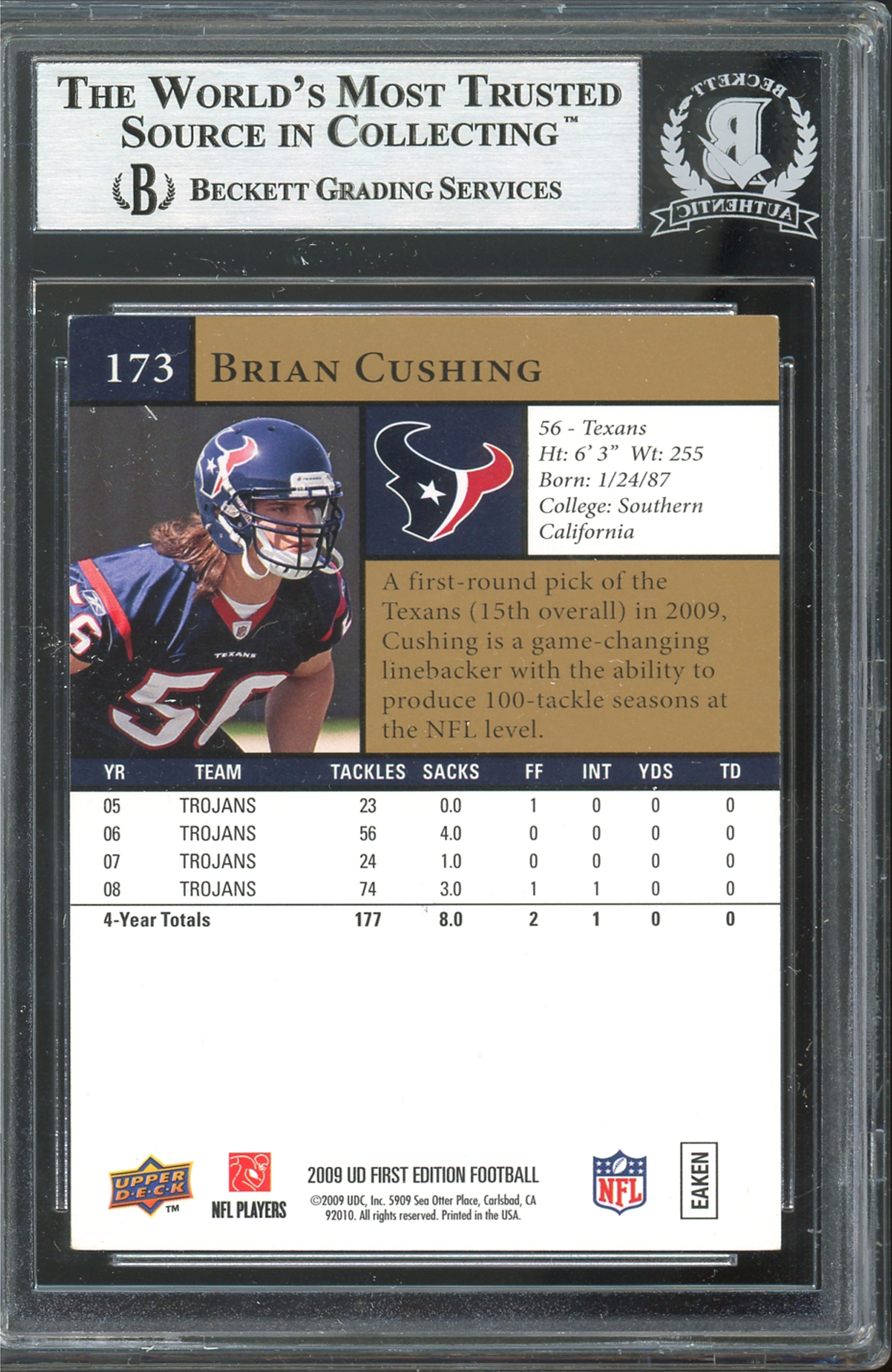 Texans Brian Cushing Signed 2009 Upper Deck First Edition #173 Card BAS SlabbedTexans Brian Cushing Signed 2009 Upper Deck First Edition #173 Card BAS Slabbedbill