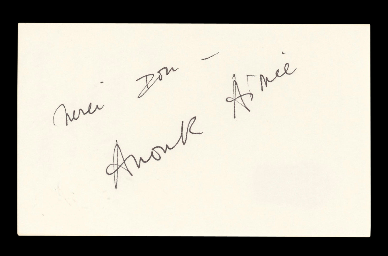 Anouk Aimée Lola "Don" Authentic Signed 3x5 Index Card Autographed BAS #AD70310