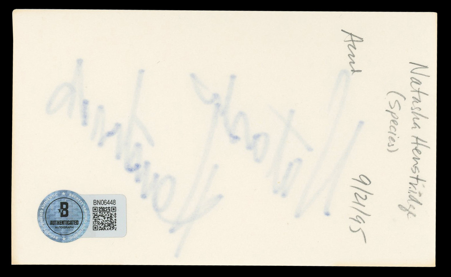 Natasha Henstridge Species Authentic Signed 3x5 Index Card BAS #BN06448
