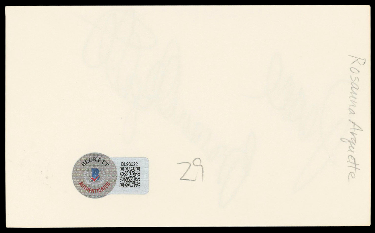 Rosanna Arquette "Peace" Authentic Signed 3x5 Index Card BAS #BL98622