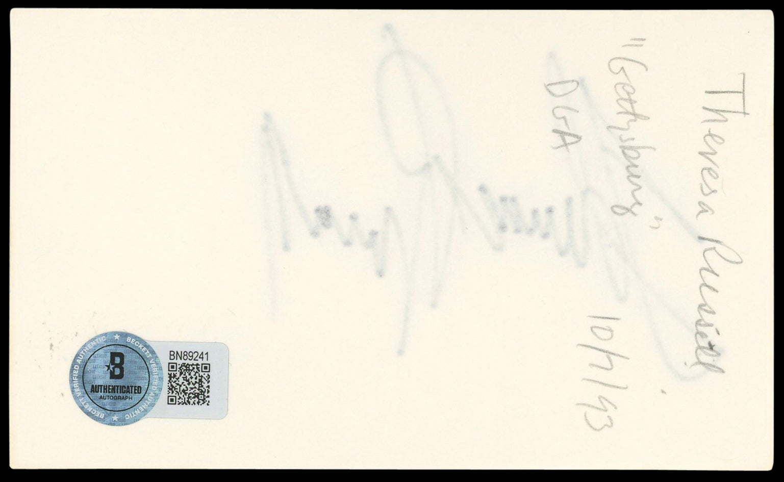 Theresa Russell Black Widow Authentic Signed 3x5 Index Card BAS #BN89241