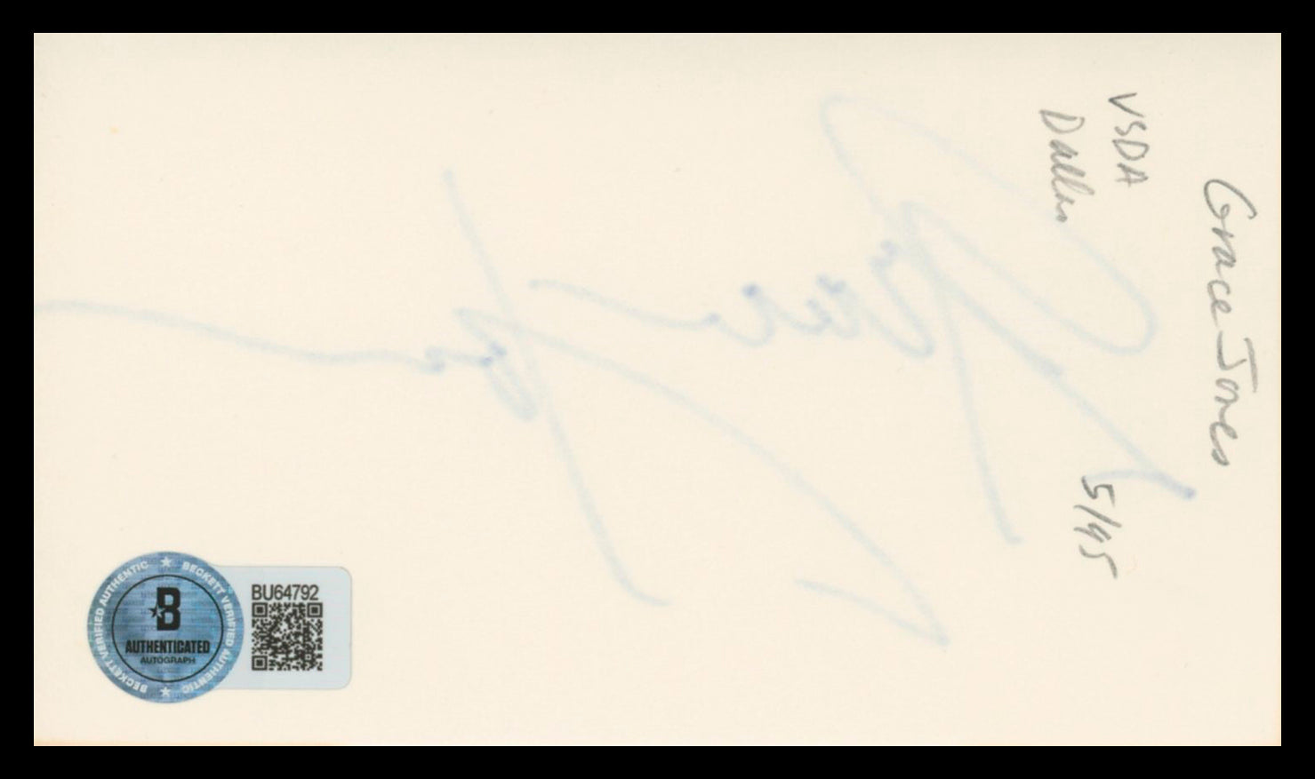 Grace Jones A View to a Kill Authentic Signed 3x5 Index Card BAS #BU64792