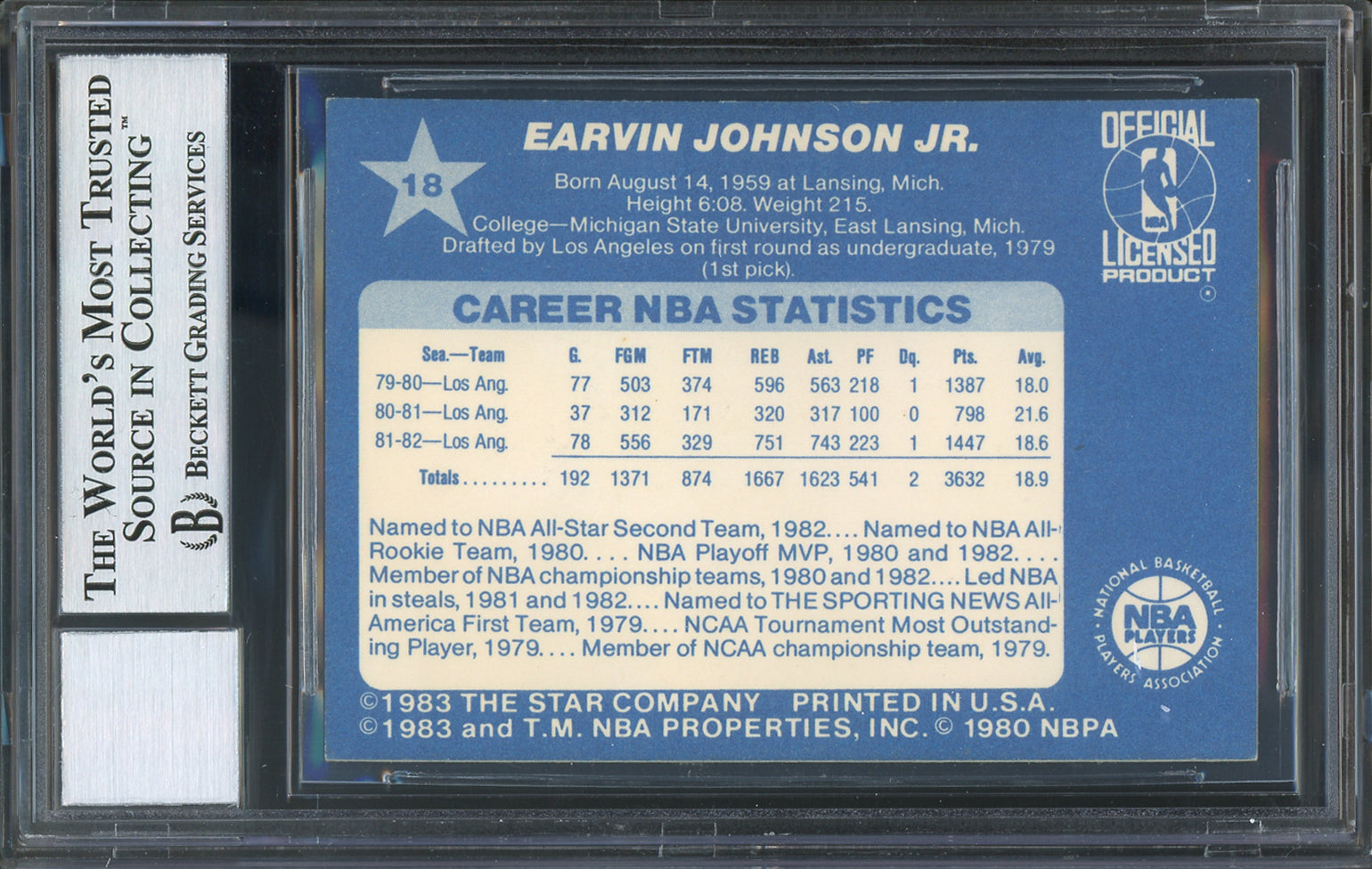 Lakers Magic Johnson Signed 1983 Star All-Star Game #18 Card Auto 10 BAS Slabbed