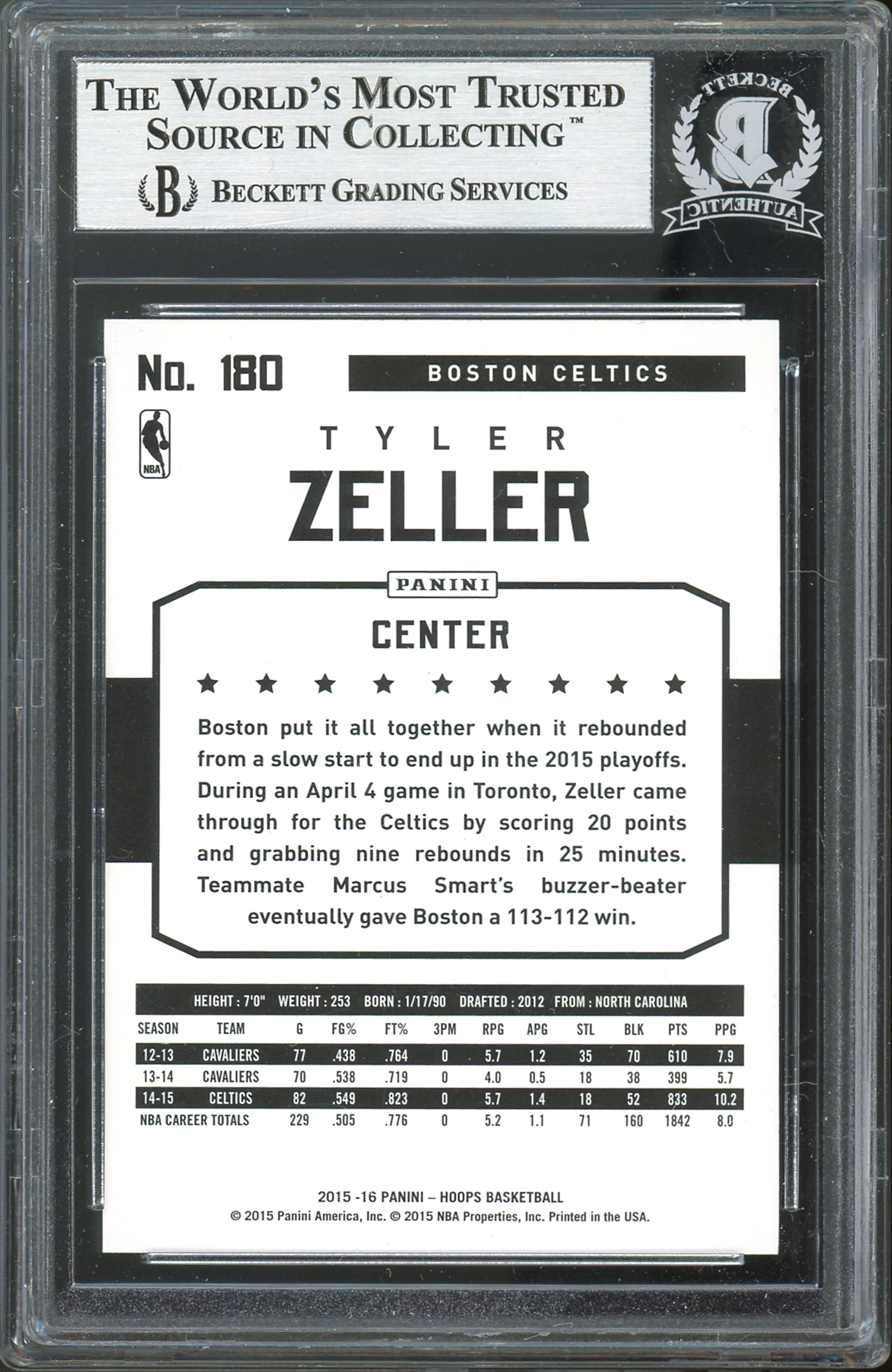 Celtics Tyler Zeller Authentic Signed 2015 Hoops #180 Card BAS Slabbed
