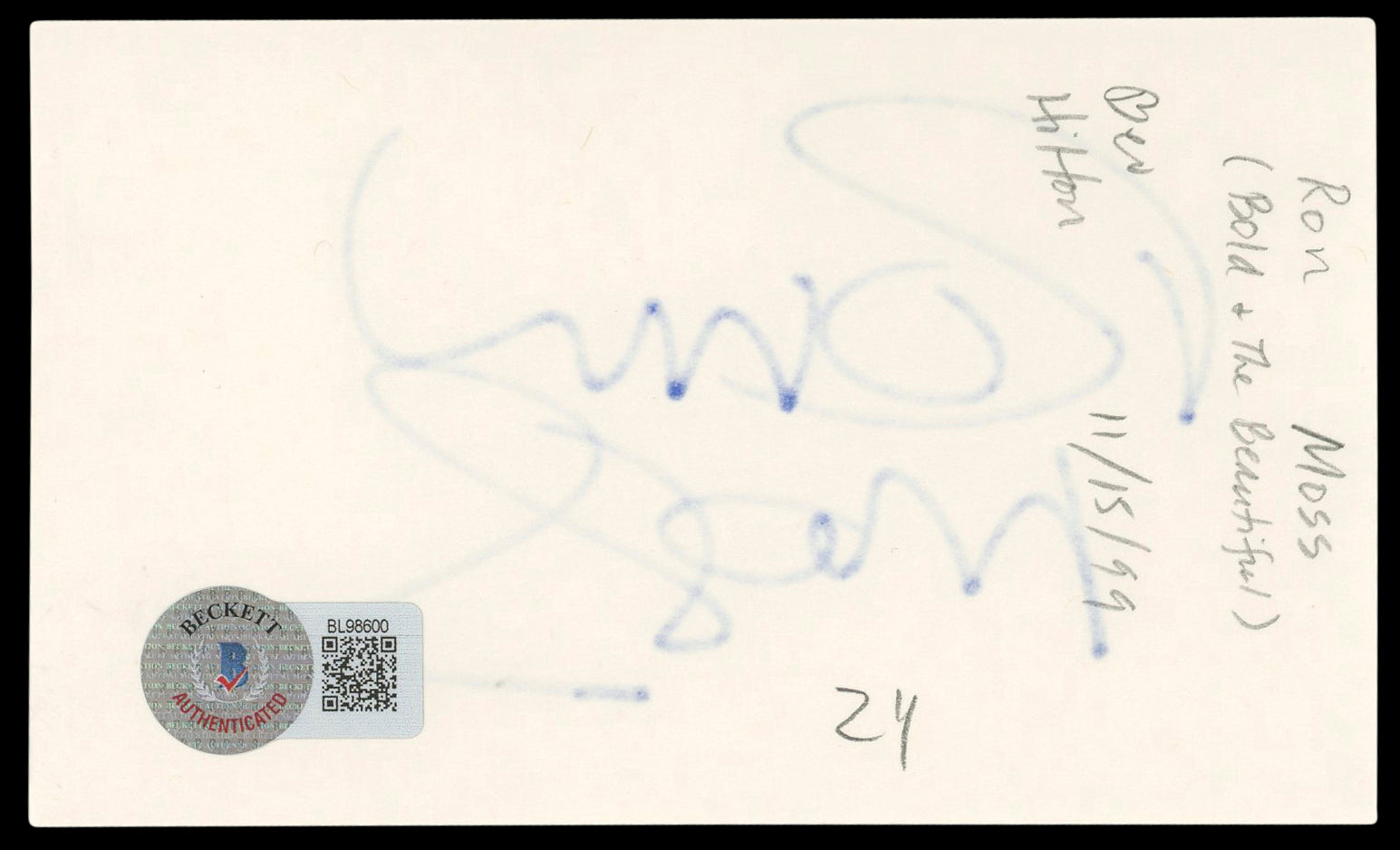Ronn Moss The Bold and the Beautiful Signed 3x5 Index Card BAS #BL98600