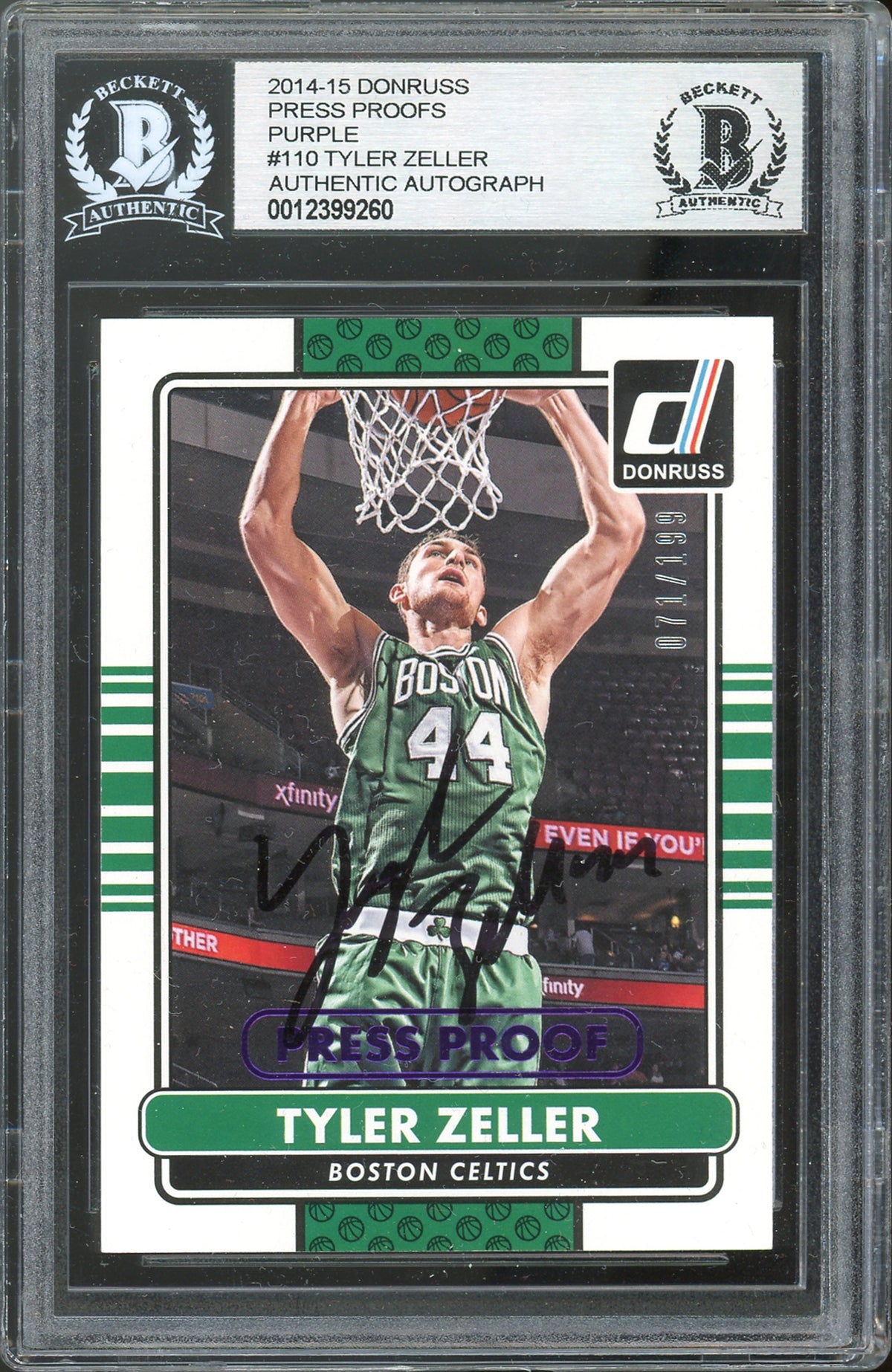 Celtics Tyler Zeller Signed 2014 Donruss Press Proofs Purple #110 Card BAS Slabbed
