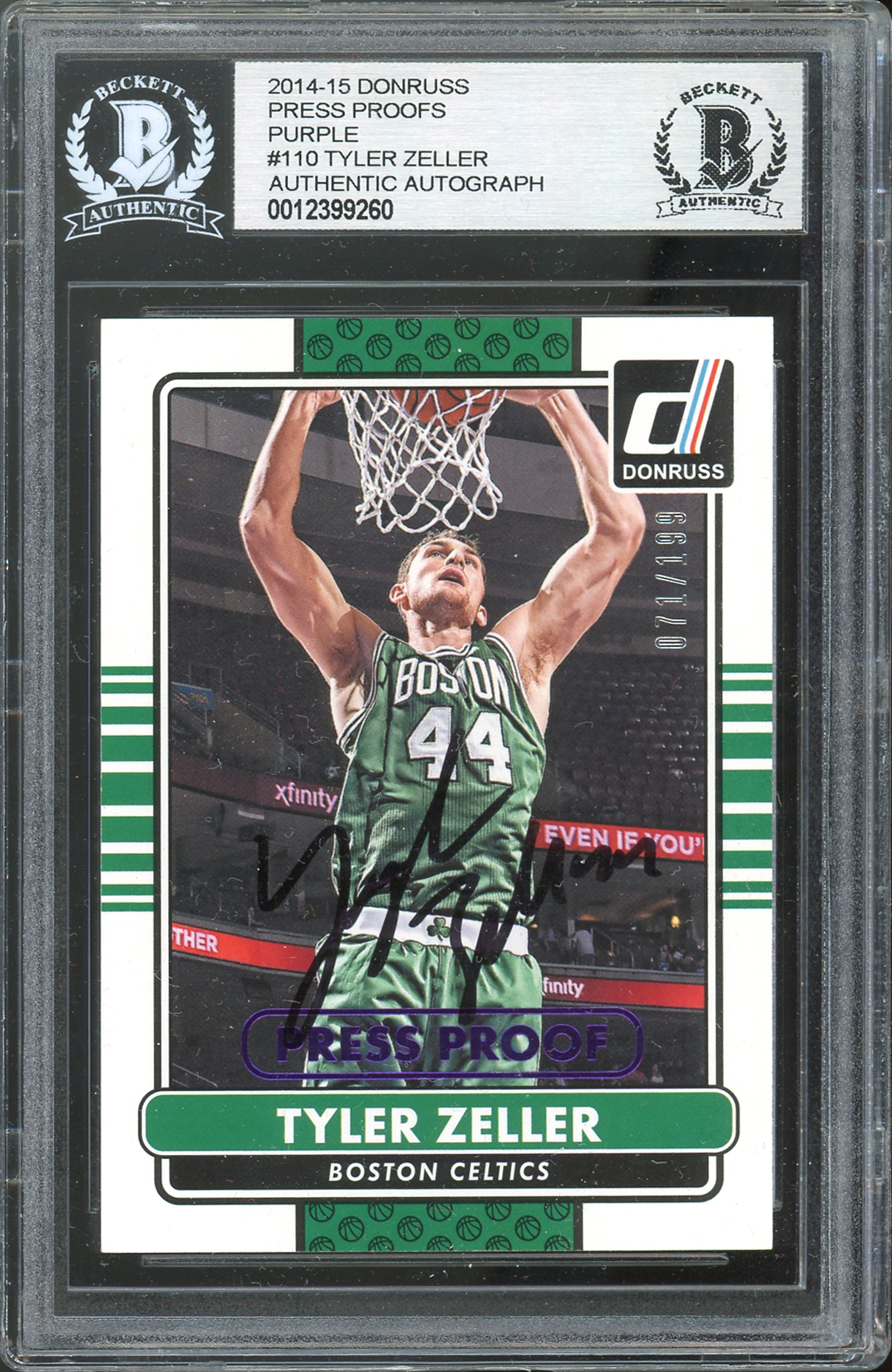 Celtics Tyler Zeller Signed 2014 Donruss Press Proofs Purple #110 Card BAS Slabbed