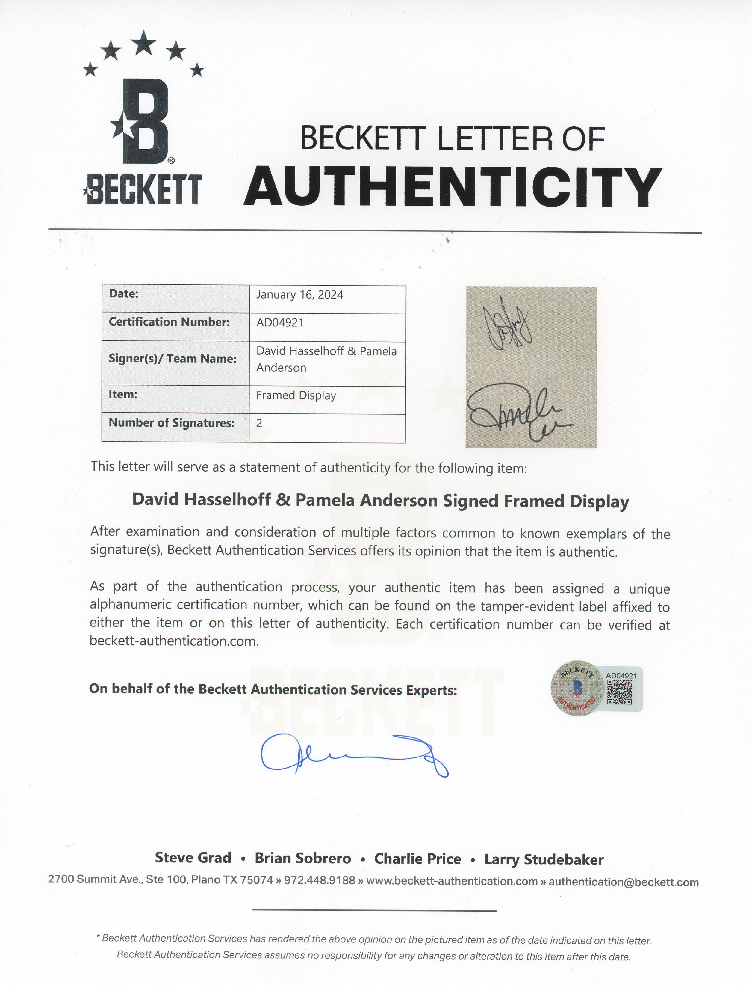 David Hasselhoff & Pamela Anderson Baywatch Signed Framed Display BAS #AD04921