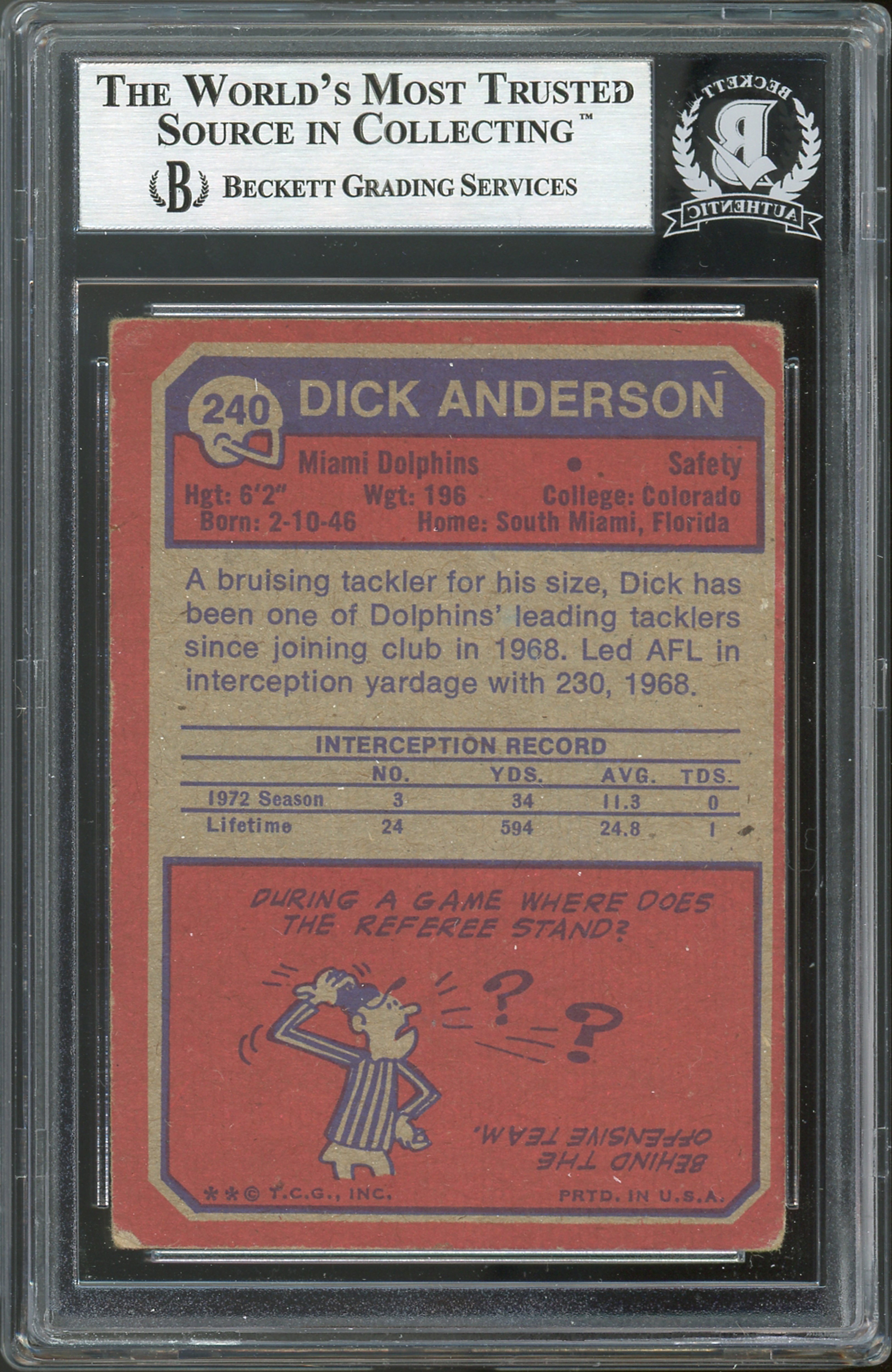 Dolphins Dick Anderson Authentic Signed 1973 Topps #240 Card BAS Slabbed
