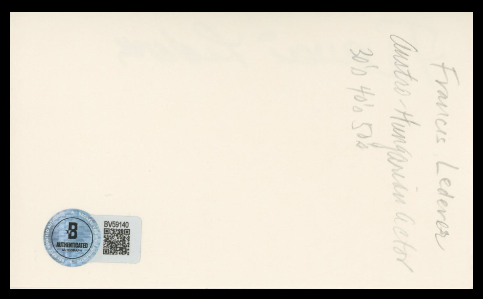 Francis Lederer Pandora's Box Authentic Signed 3x5 Index Card BAS #BV59140