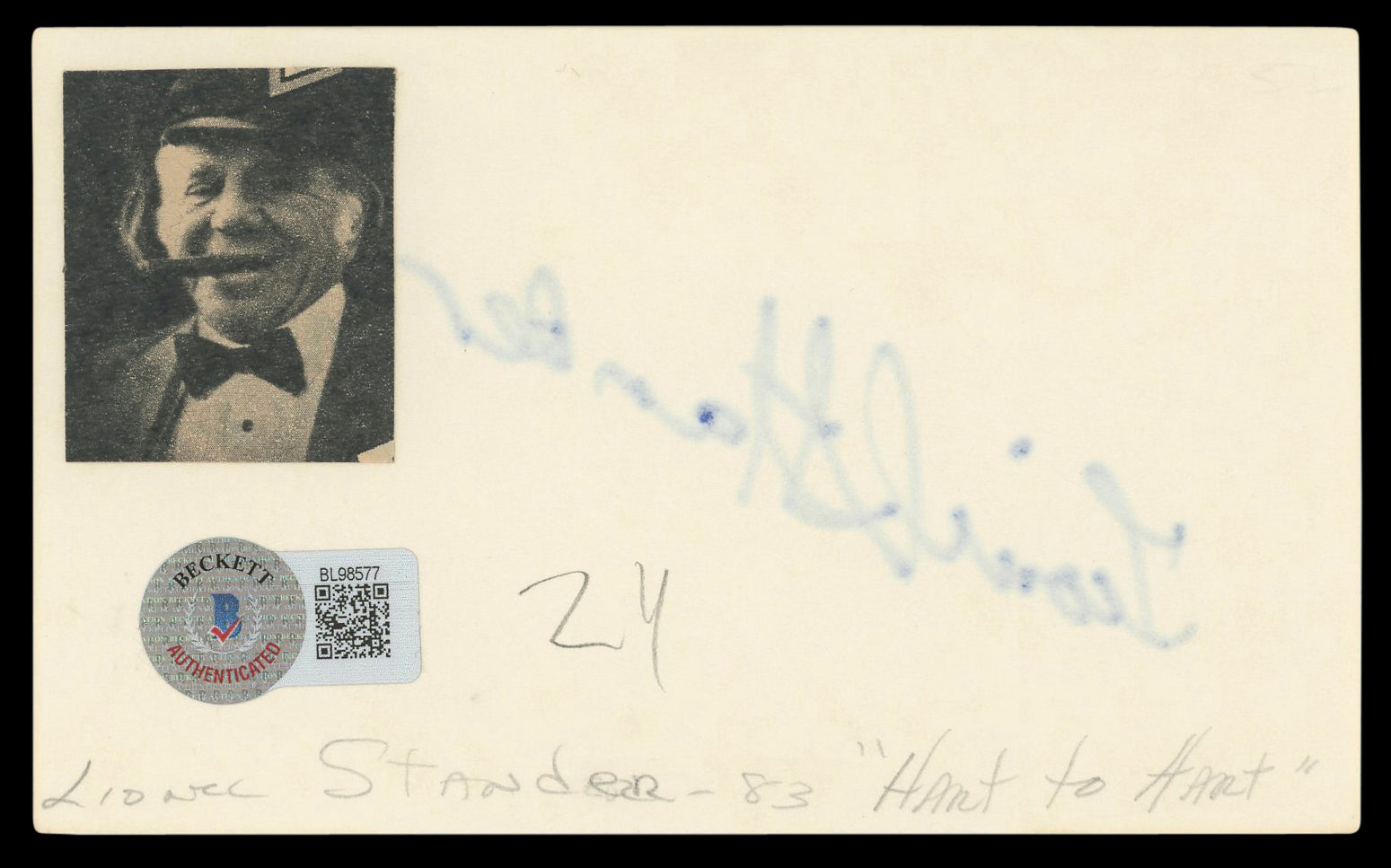Lionel Stander Hart to Hart Authentic Signed 3x5 Index Card BAS #BL98577