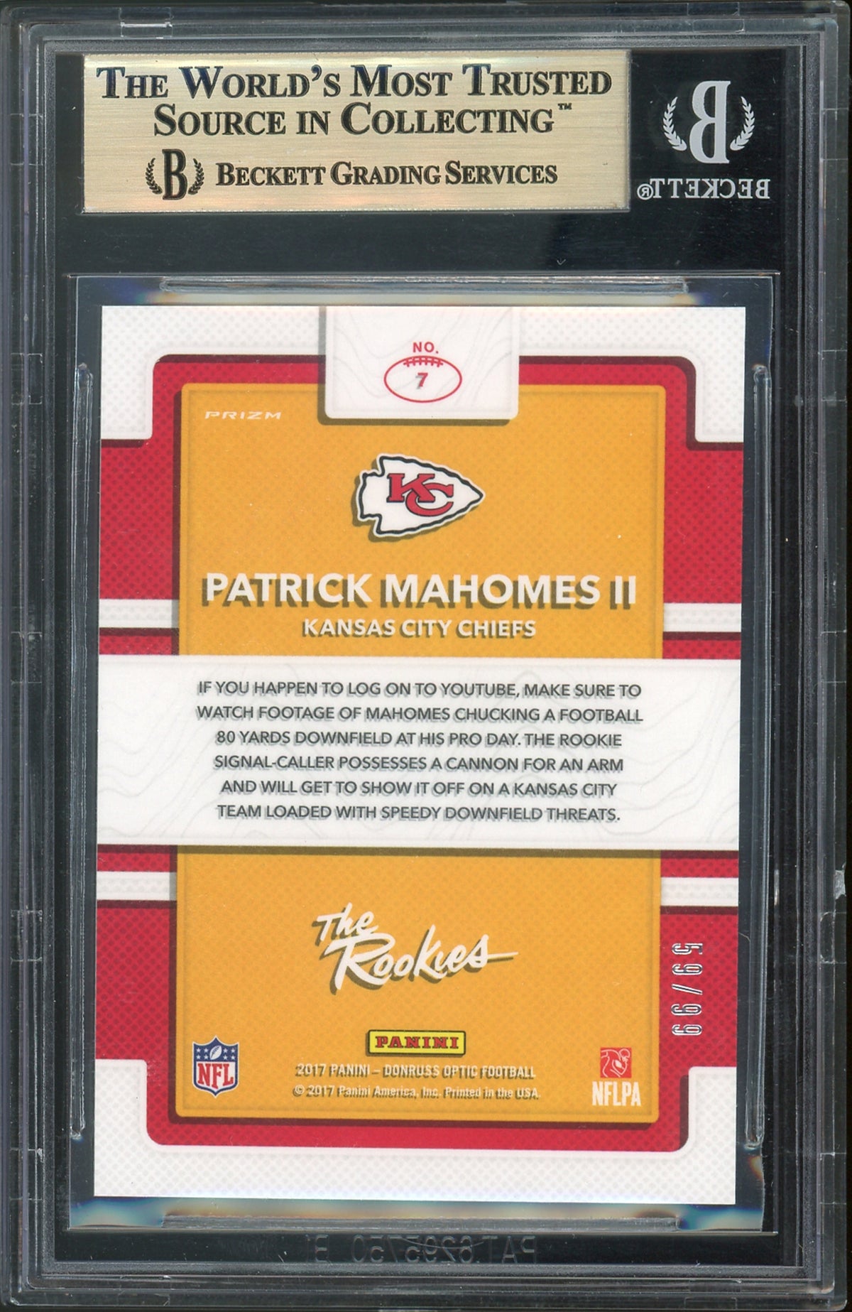 Chiefs Patrick Mahomes 2017 Donruss Optic Rookies Red #7 Card Gem 9.5 BAS Slab