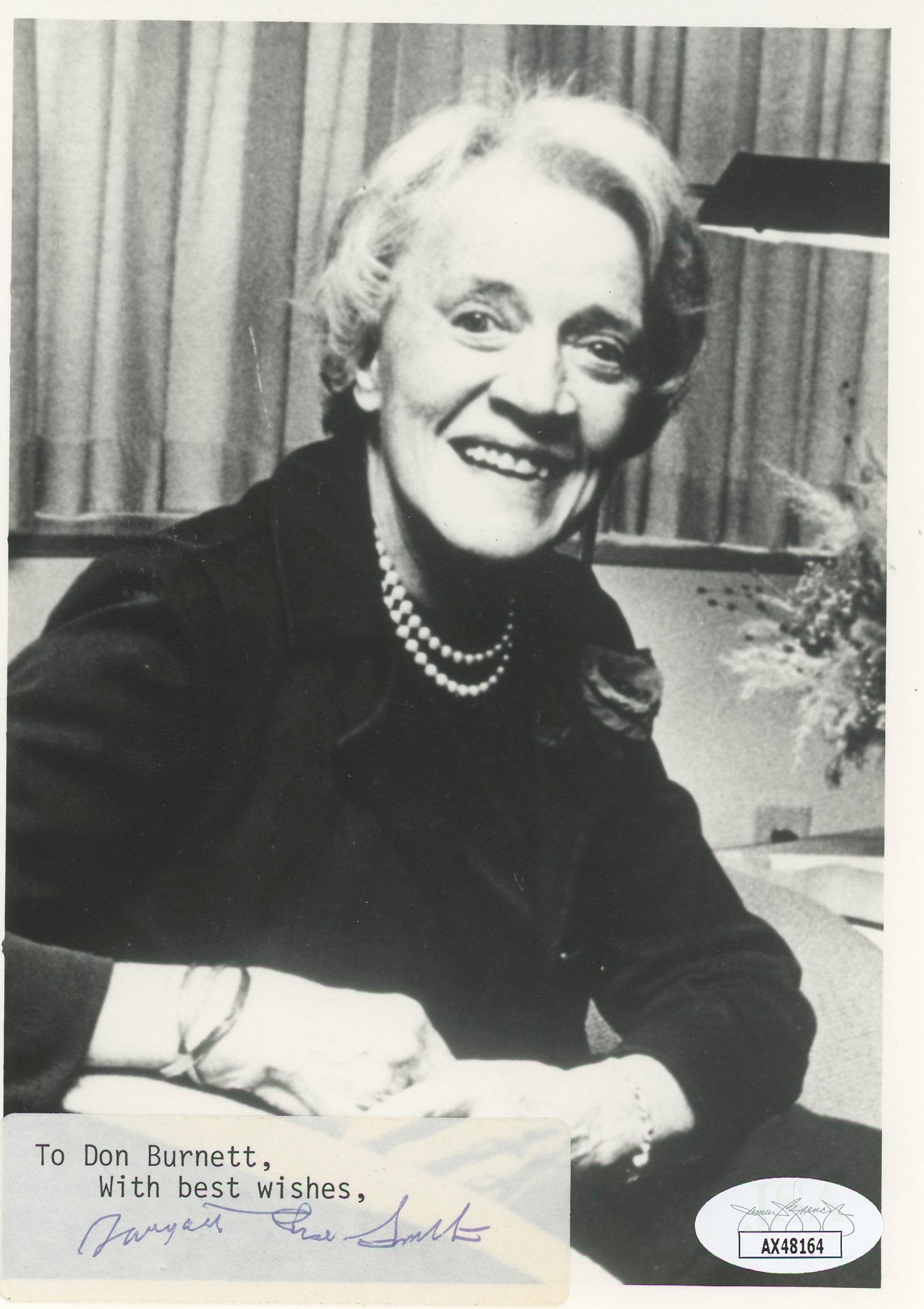 Margaret Chase Smith Former U.S. Senator Signed 5x7 Photo JSA #AX48164