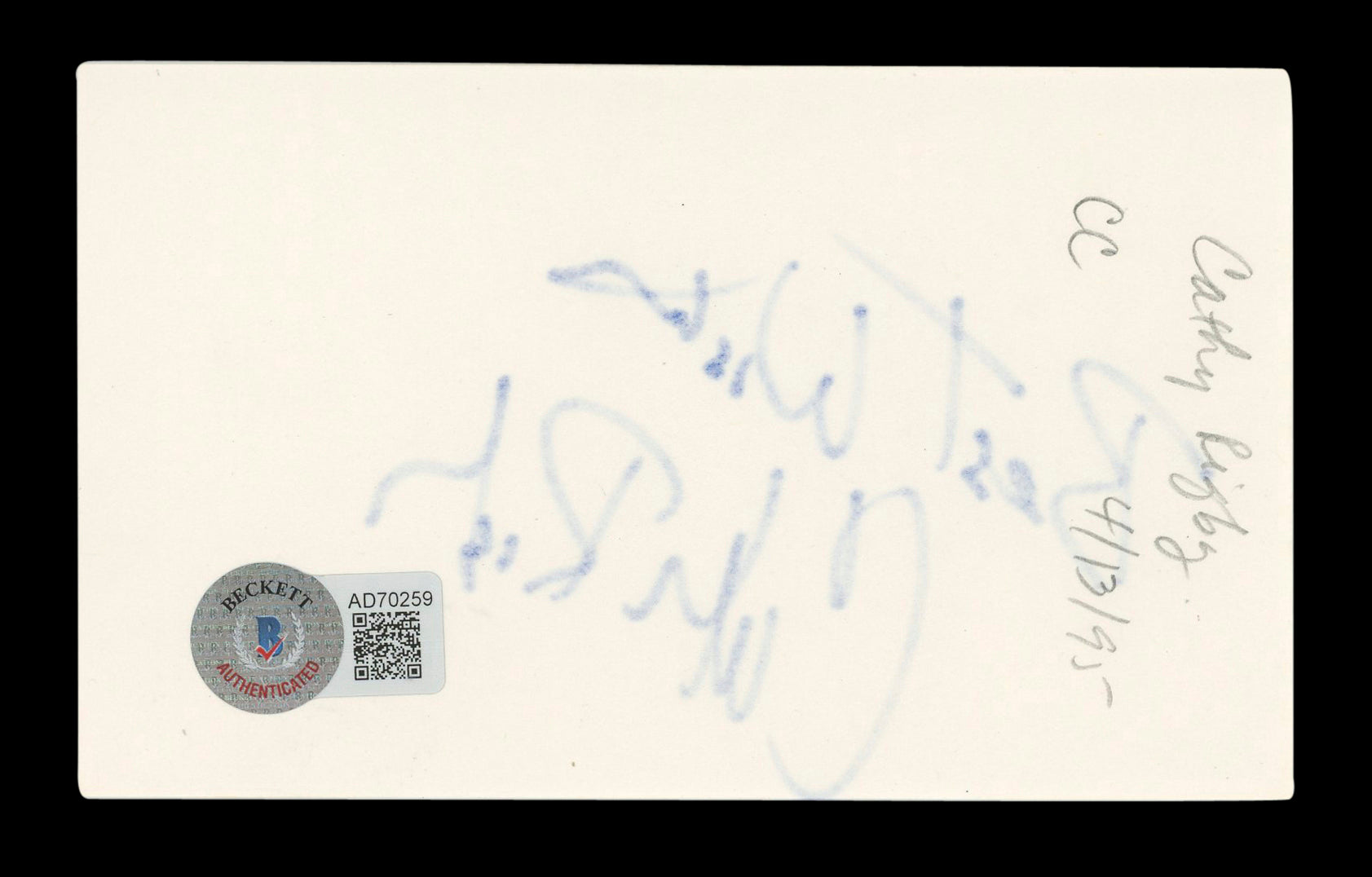 Cathy Rigby Peter Pan "Best Wishes" Authentic Signed 3x5 Index Card BAS #AD70259