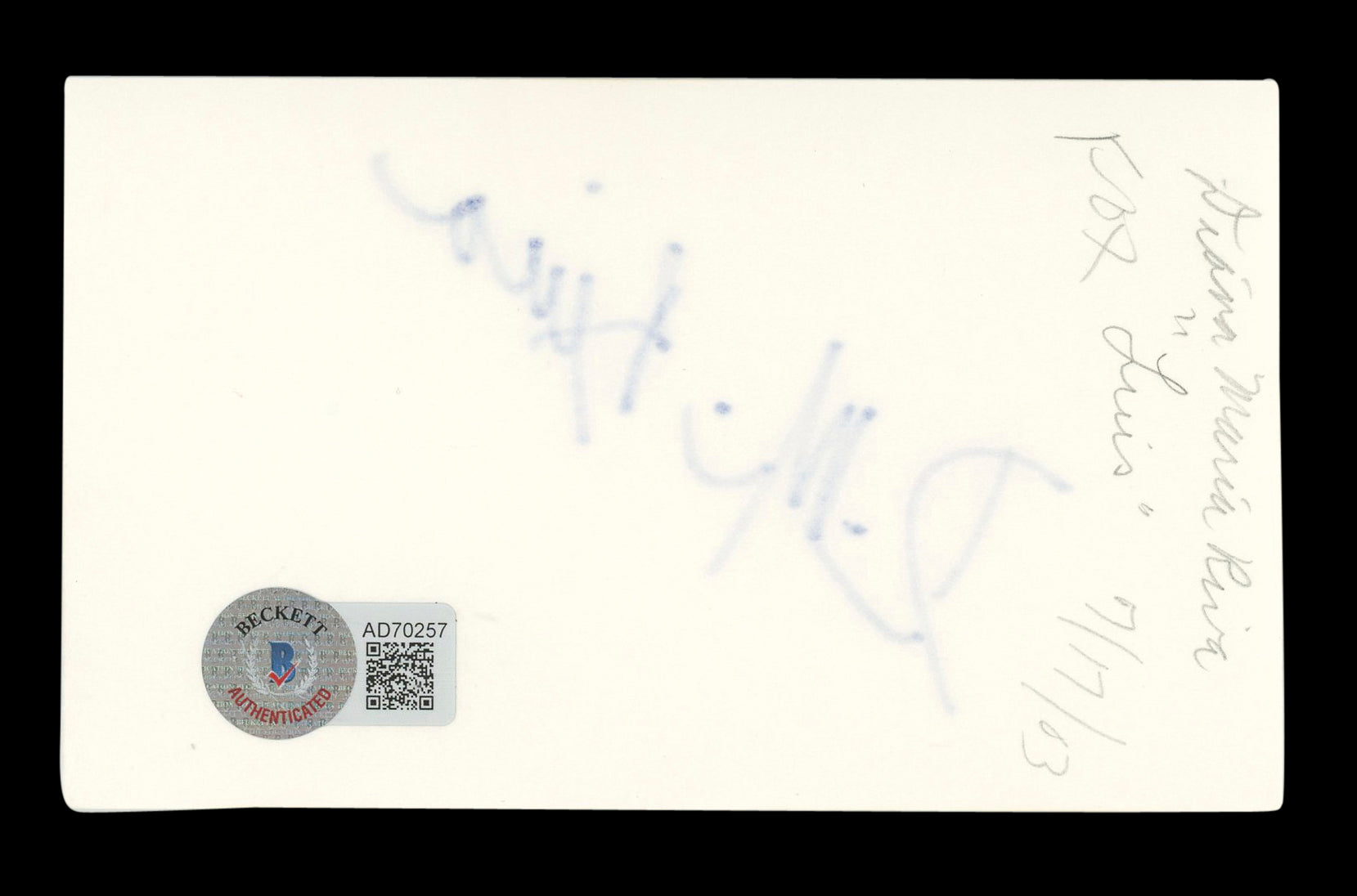 Diana-Maria Riva Dead to Me Signed 3x5 Index Card Autographed BAS #AD70257