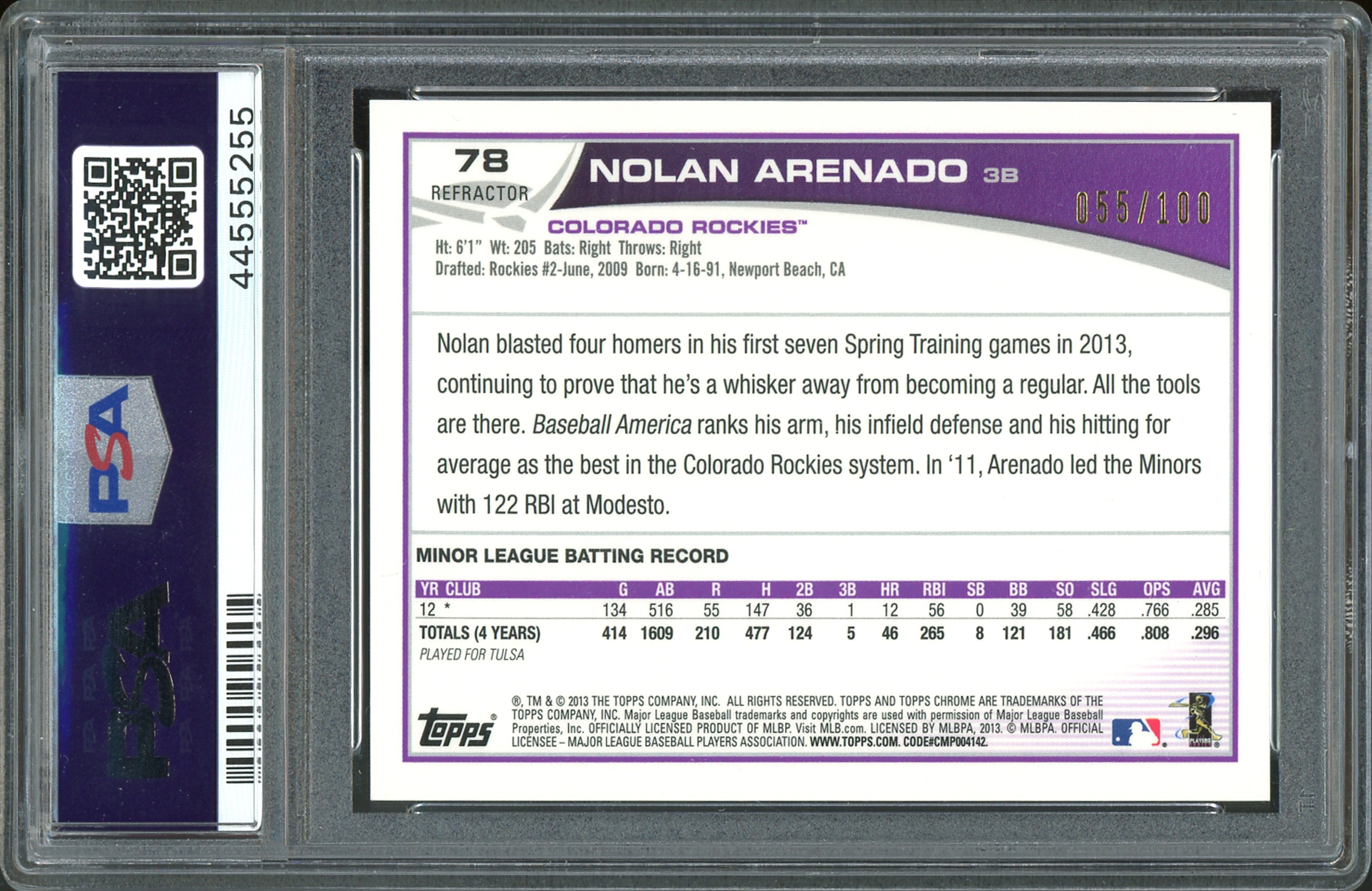 Nolan Arenado Signed 2013 Topps Chrome Black Refractor #78 RC Card PSA 10 Slab