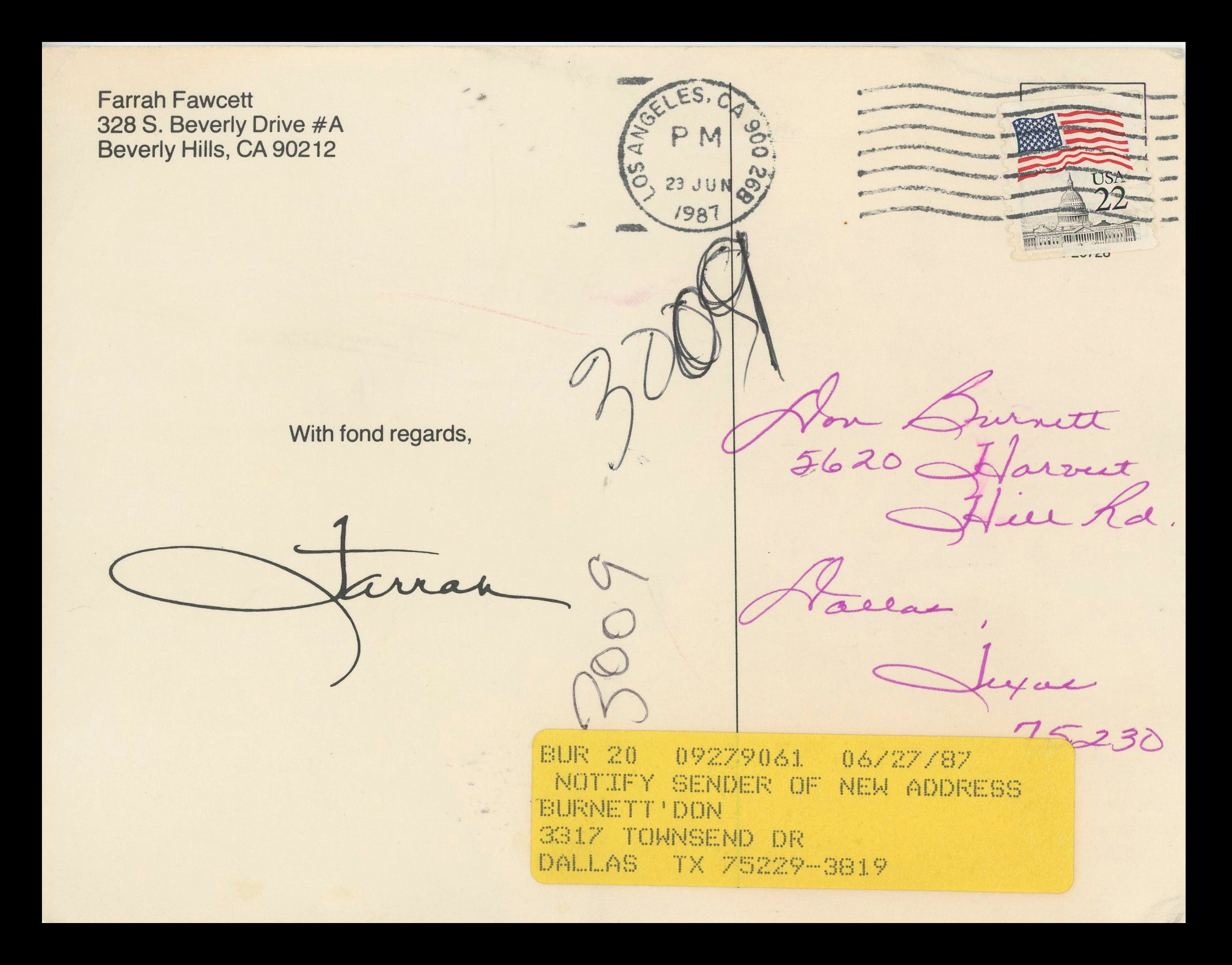 Farrah Fawcett Charlie's Angels Authentic Signed 5x7 Postcard JSA #AX48140