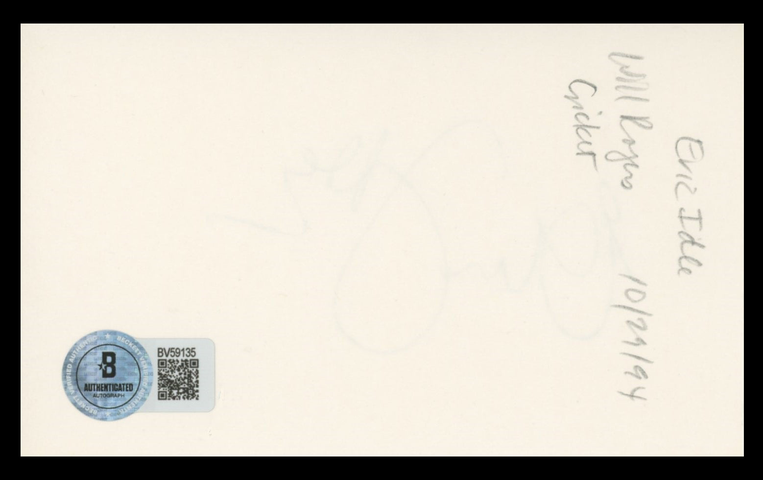 Eric Idle Monty Python and the Holy Grail Signed 3x5 Index Card BAS #BV59135