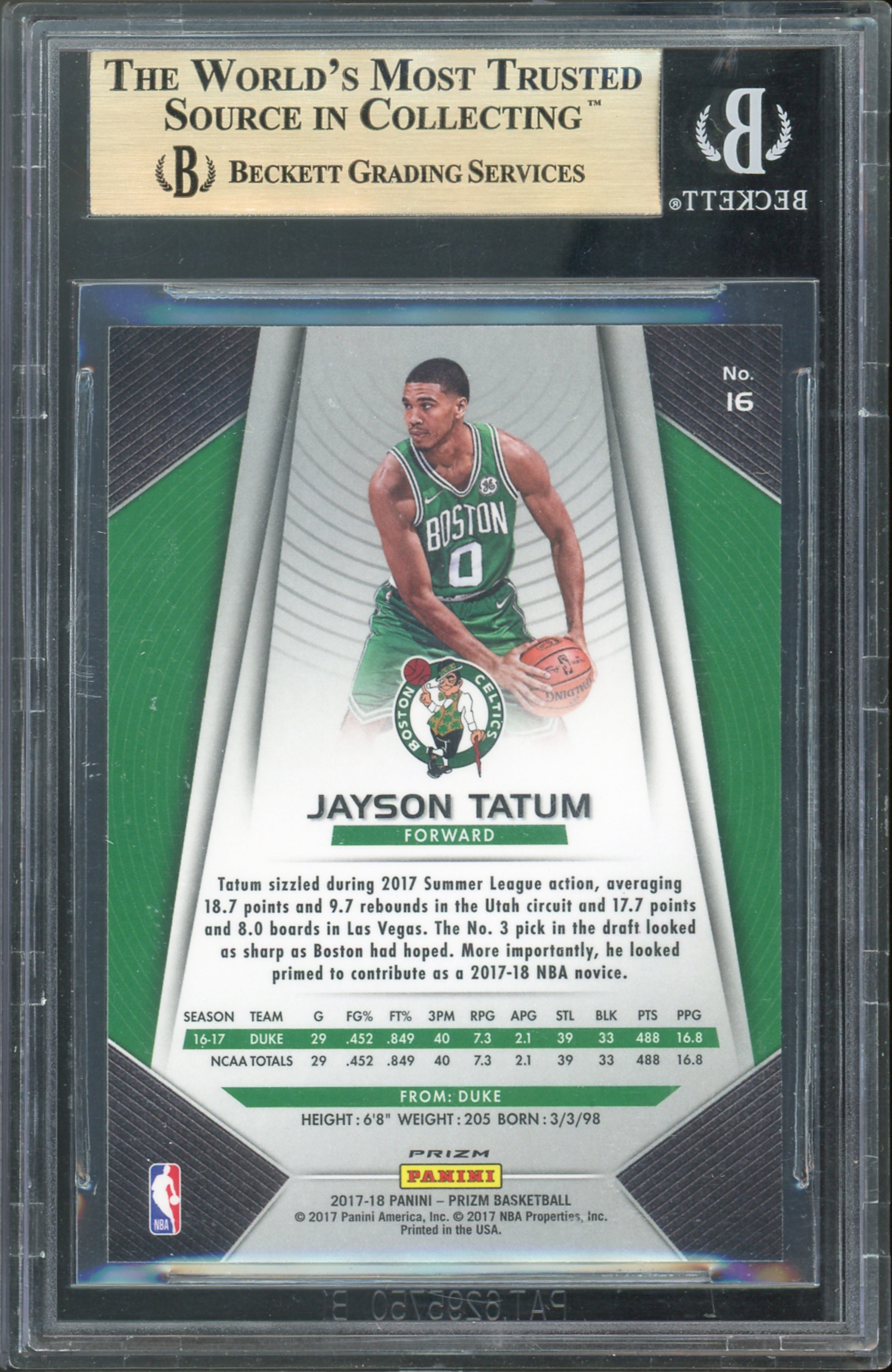 Celtics Jayson Tatum 2017 Panini Prizm Silver Prizms #16 Card Gem 9.5! BAS Slab