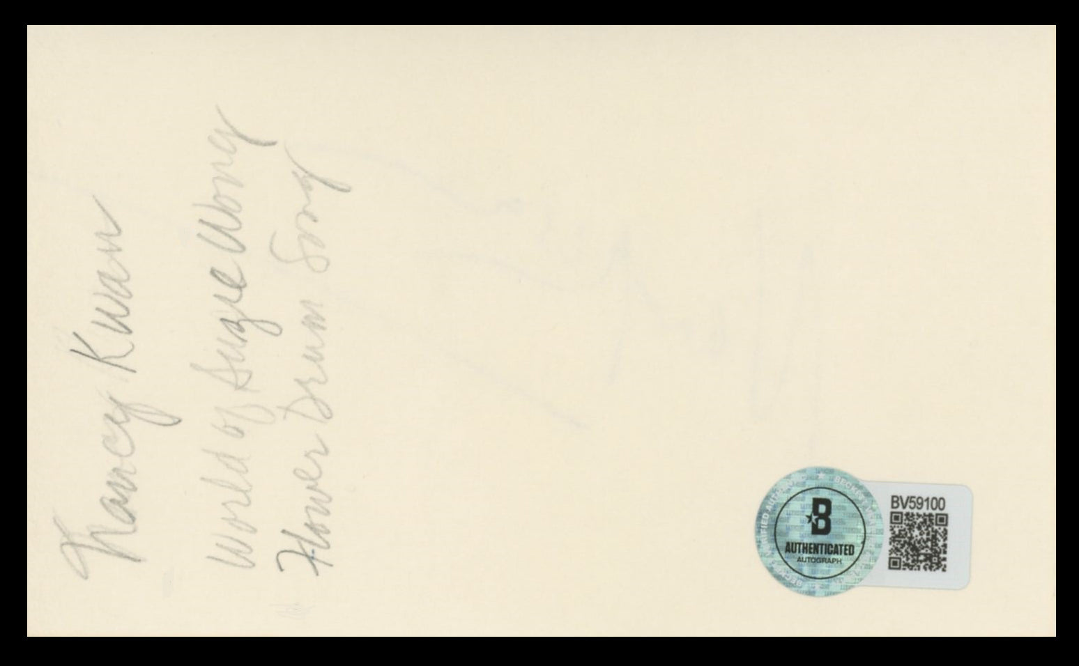 Nancy Kwan The World of Suzie Wong Authentic Signed 3x5 Index Card BAS #BV59100