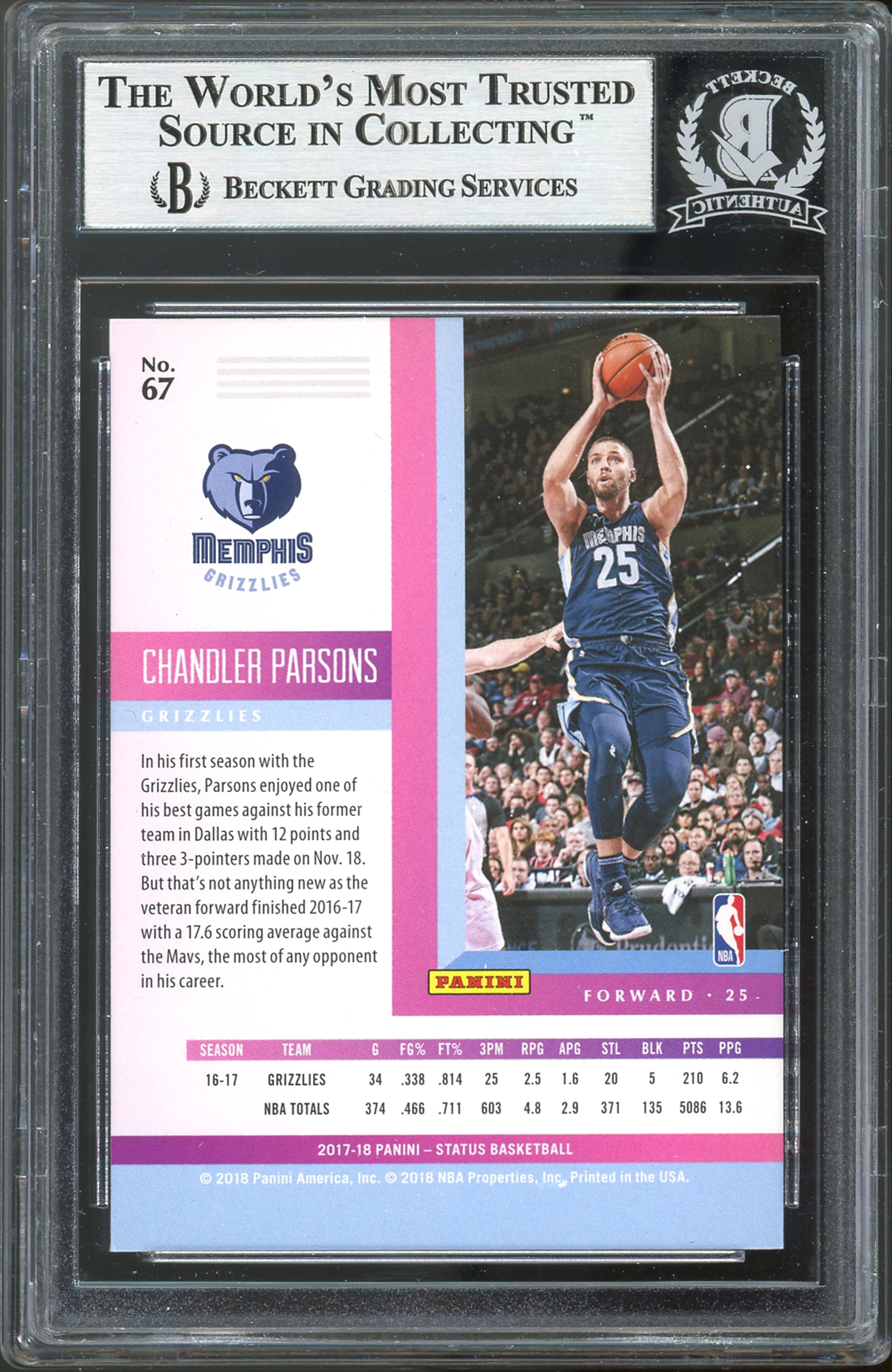 Grizzlies Chandler Parsons Signed 2017 Panini Status #67 Card BAS Slabbed