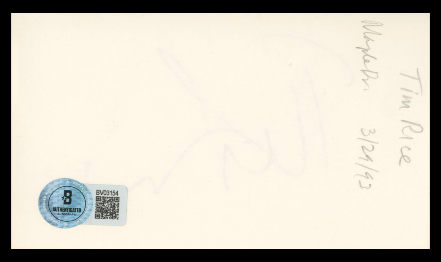 Tim Rice Aladdin Authentic Signed 3x5 Index Card Autographed BAS #BV03154