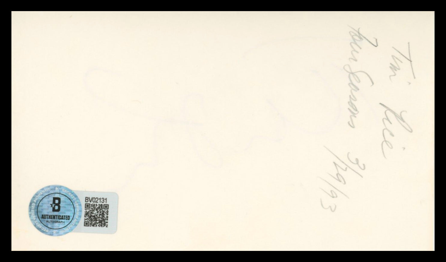Tim Rice Aladdin Authentic Signed 3x5 Index Card Autographed BAS #BV02131