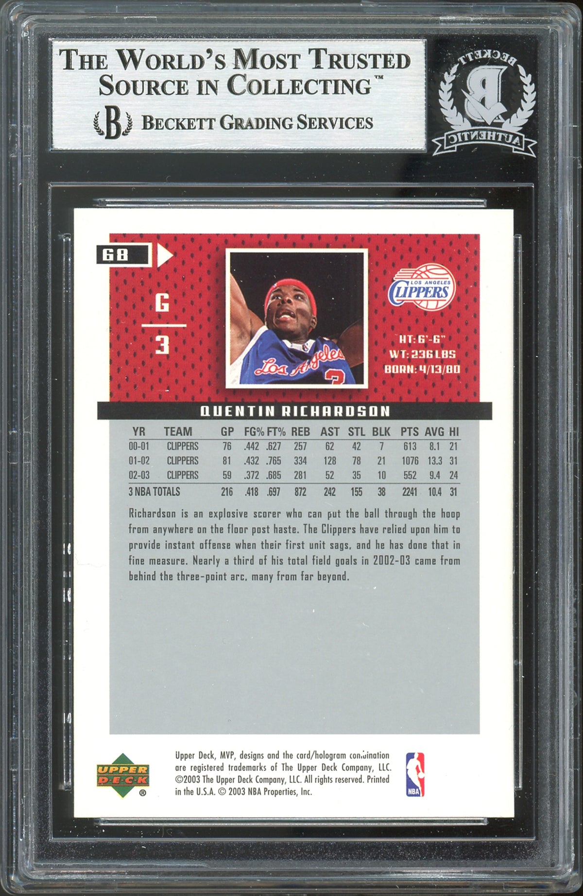 Clippers Quentin Richardson Signed 2003 Upper Deck MVP #68 Card BAS Slabbed