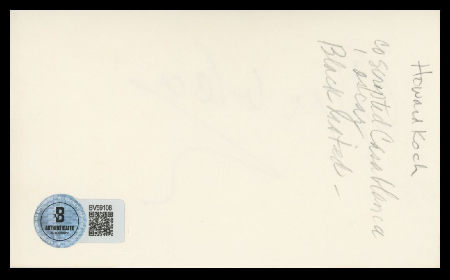 Howard Koch Authentic Signed 3x5 Index Card Autographed BAS #BV59108