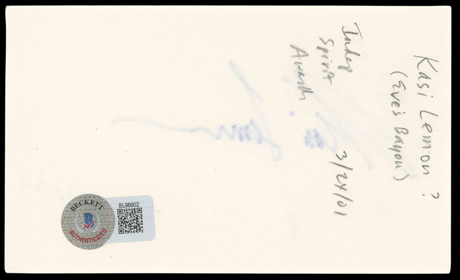 Kasi Lemmons Eve's Bayou Authentic Signed 3x5 Index Card BAS #BL98902