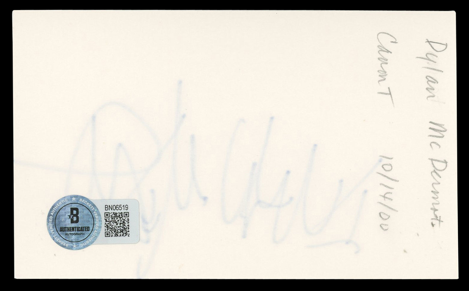 Dylan McDermott The Practice Authentic Signed 3x5 Index Card BAS #BN06519