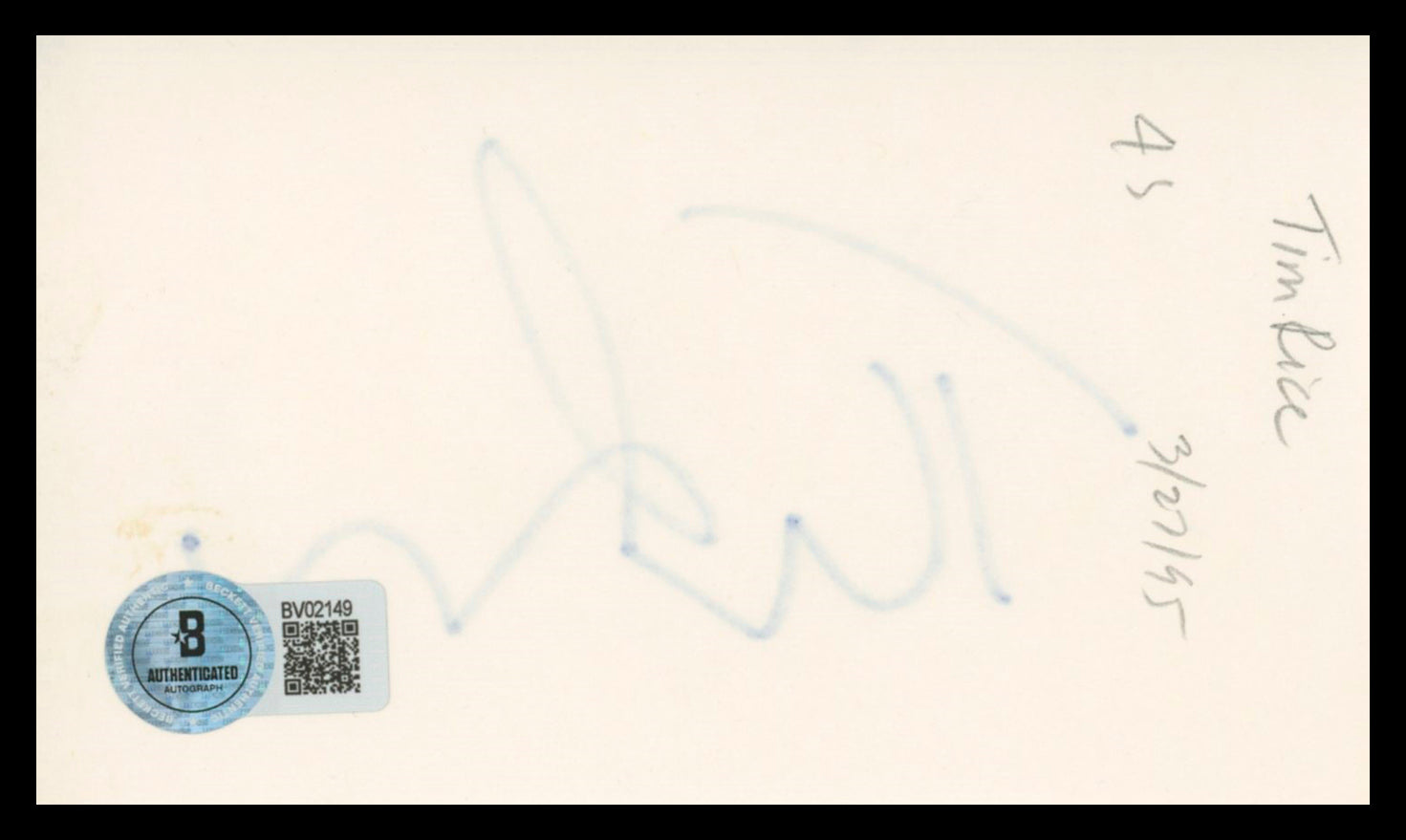 Tim Rice Aladdin Authentic Signed 3x5 Index Card Autographed BAS #BV02149