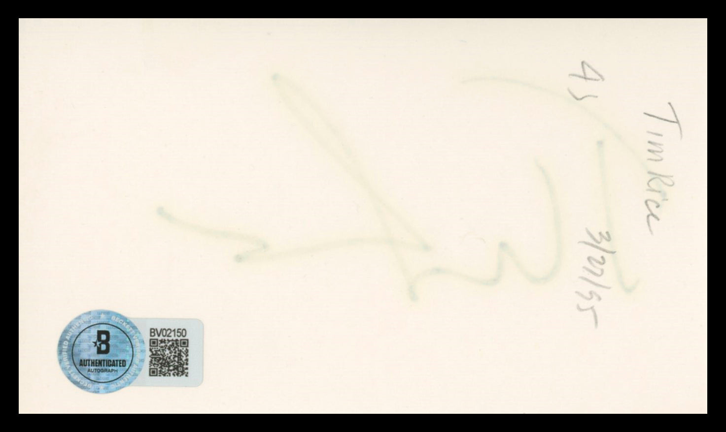 Tim Rice Aladdin Authentic Signed 3x5 Index Card Autographed BAS #BV02150