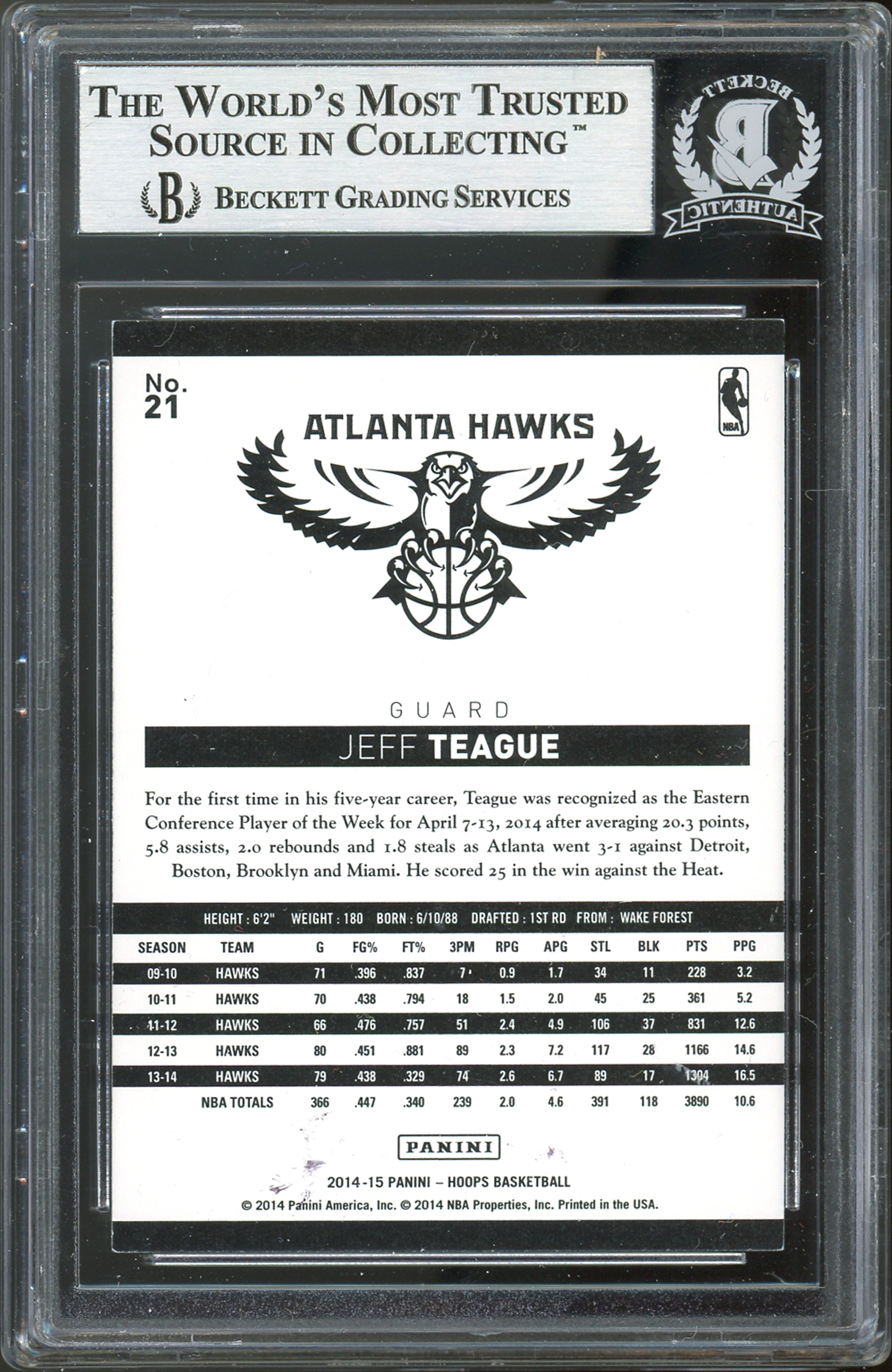 Hawks Jeff Teague Authentic Signed 2014 Hoops #21 Card Autographed BAS Slabbed