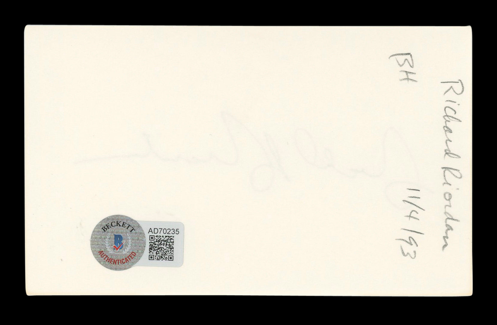 Richard Riordan Mayor Authentic Signed 3x5 Index Card Autographed BAS #AD70235