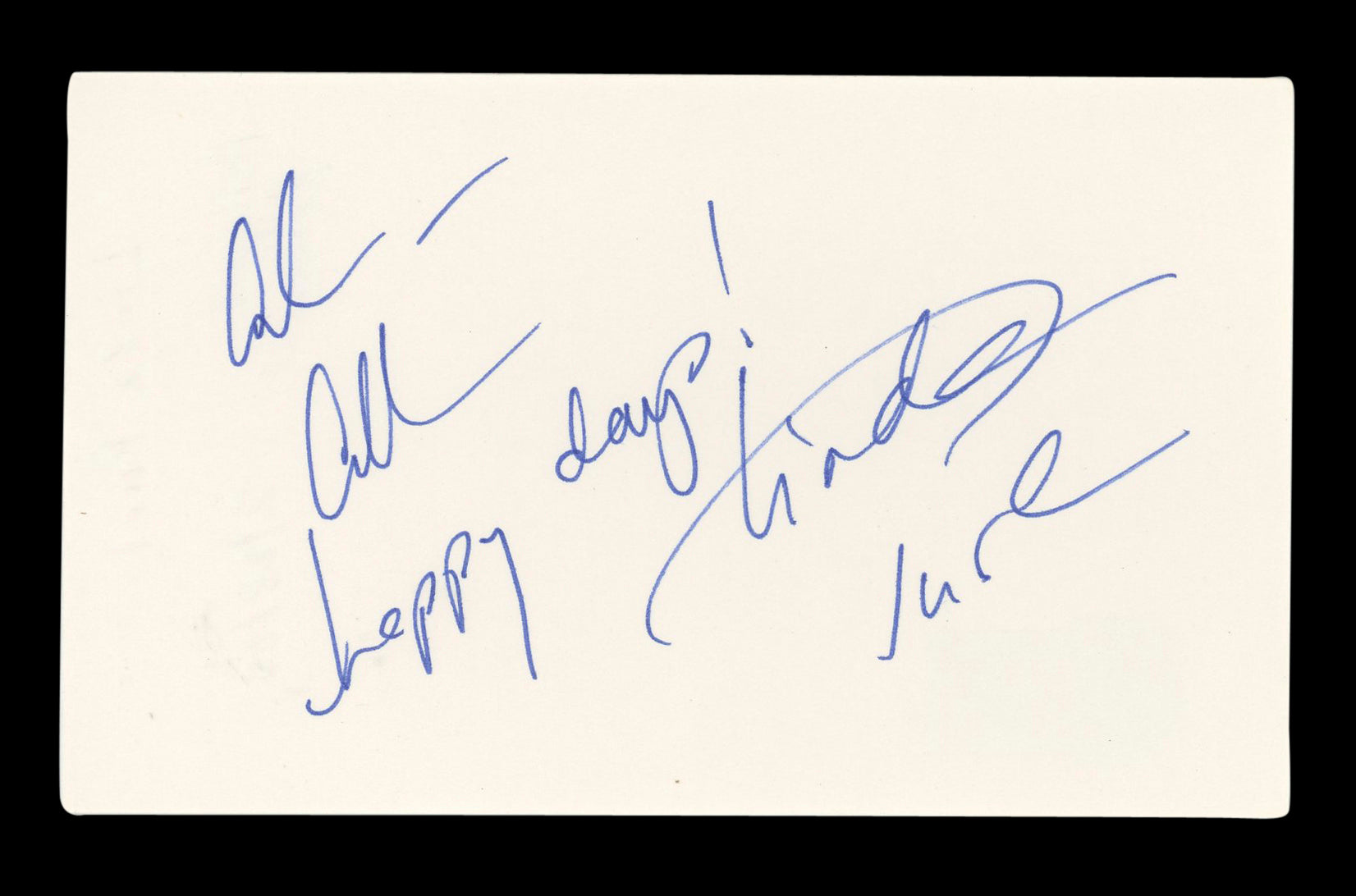 Linda Purl General Hospital "All happy days" Signed 3x5 Index Card BAS #AD70225