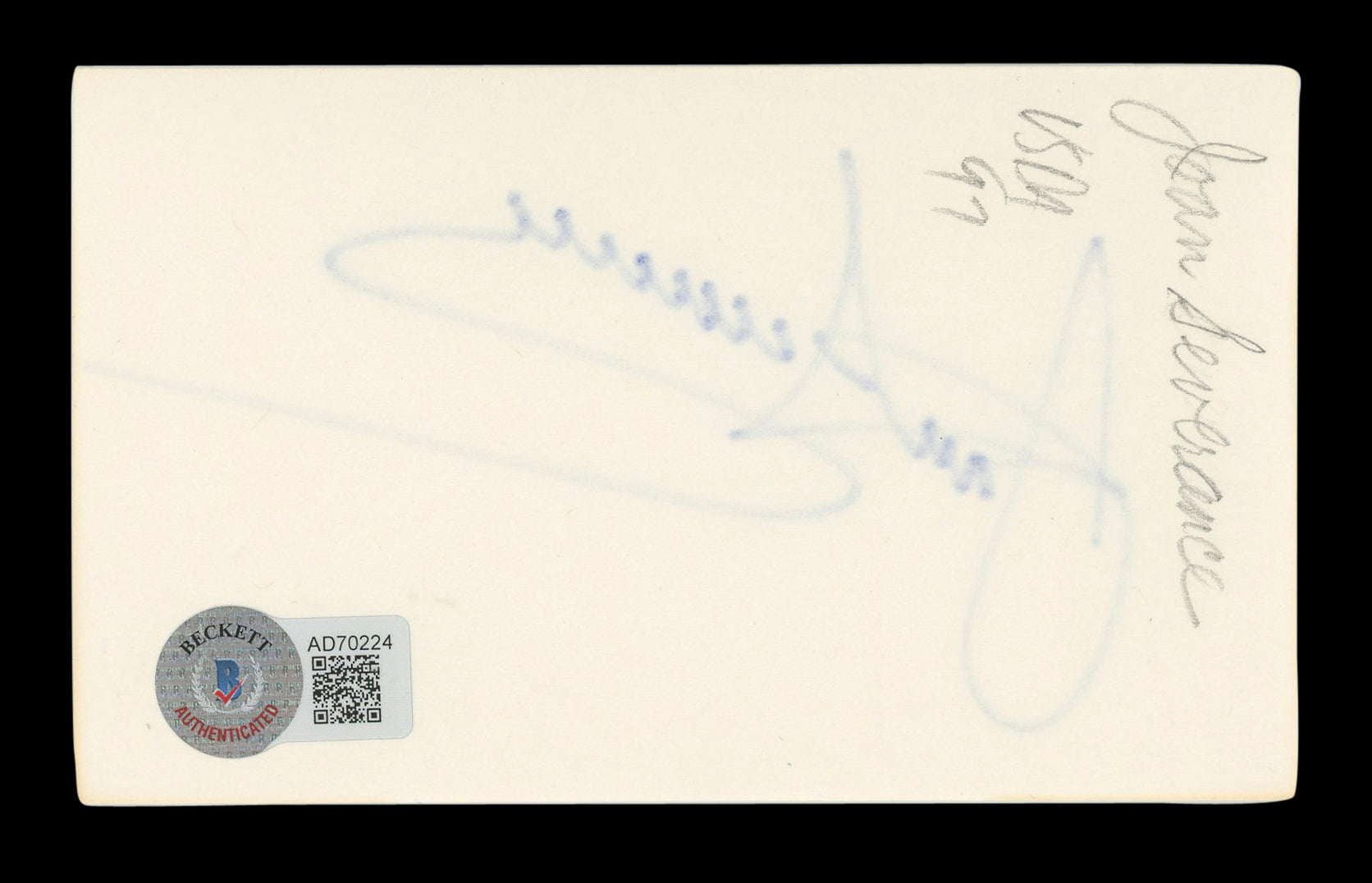 Joan Severance See No Evil, Hear No Evil Signed 3x5 Index Card BAS #AD70224